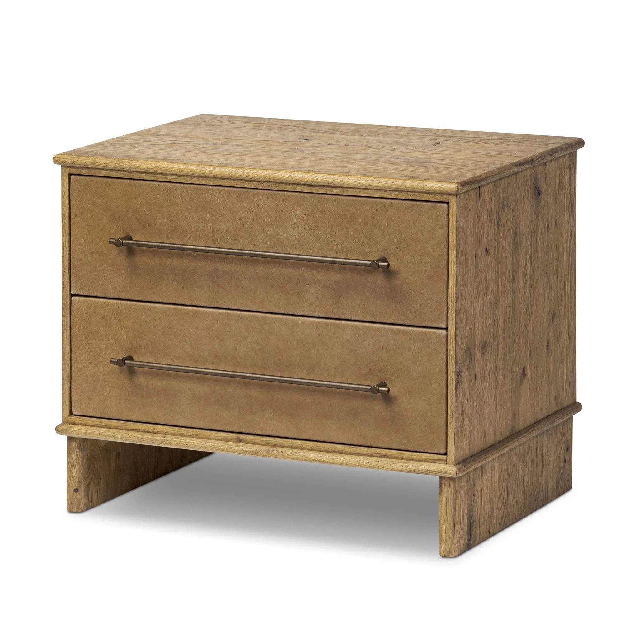 Bring a Nordic-inspired look to your bedroom styling. A spacious two-drawer nightstand of thick, grain-rich oak veneer encases drawer fronts covered with tan top-grain leather exclusive to Four Hands. Finished out with long, linear iron hardware Amethyst Home provides interior design, new home construction design consulting, vintage area rugs, and lighting in the Alpharetta metro area.