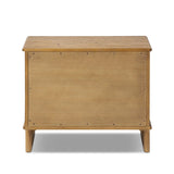 Featuring Stella Hazel Oak Veneer Nightstand by Four Hands at Amethyst Home. Bring a Nordic-inspired look to your bedroom styling. A spacious two-drawer nightstand of thick, grain-rich oak veneer encases drawer fronts covered with tan top-grain leather exclusive to Four Hands. Finished out with long, linear iron hardware. Overall Dimensions: 28.00"w x 19.50. Amethyst Home provides interior design, new home construction design consulting, vintage area rugs, and lighting in the Charlotte metro area.