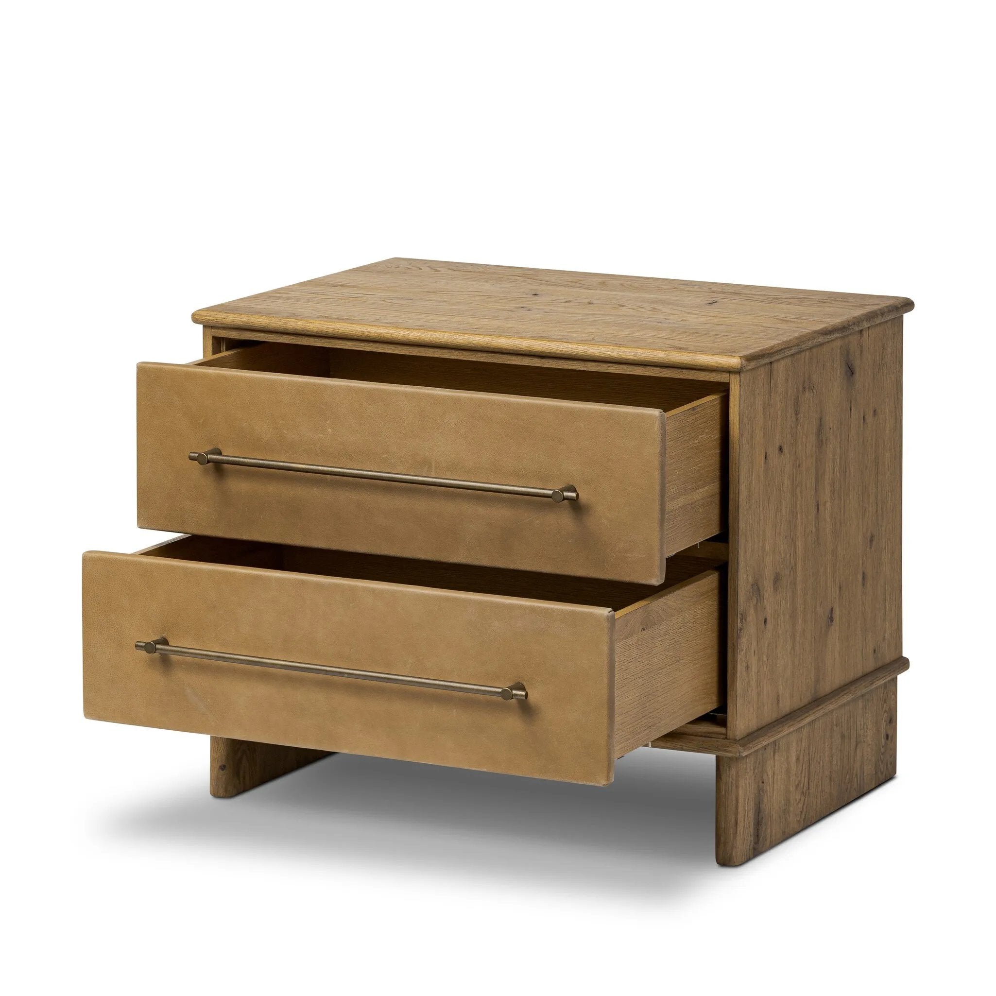 Featuring Stella Hazel Oak Veneer Nightstand by Four Hands at Amethyst Home. Bring a Nordic-inspired look to your bedroom styling. A spacious two-drawer nightstand of thick, grain-rich oak veneer encases drawer fronts covered with tan top-grain leather exclusive to Four Hands. Finished out with long, linear iron hardware. Overall Dimensions: 28.00"w x 19.50"d. Amethyst Home provides interior design, new home construction design consulting, vintage area rugs, and lighting in the Houston metro area.