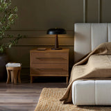 Featuring Stella Hazel Oak Veneer Nightstand by Four Hands at Amethyst Home. Bring a Nordic-inspired look to your bedroom styling. A spacious two-drawer nightstand of thick, grain-rich oak veneer encases drawer fronts covered with tan top-grain leather exclusive to Four Hands. Finished out with long, linear iron hardware. Overall Dimensions: 28.00"w x 19.. Amethyst Home provides interior design, new home construction design consulting, vintage area rugs, and lighting in the Kansas City metro area.