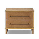 Featuring Stella Hazel Oak Veneer Nightstand by Four Hands at Amethyst Home. Bring a Nordic-inspired look to your bedroom styling. A spacious two-drawer nightstand of thick, grain-rich oak veneer encases drawer fronts covered with tan top-grain leather exclusive to Four Hands. Finished out with long, linear iron hardware. Overall Dimensions: 28.00"w x 19.50. Amethyst Home provides interior design, new home construction design consulting, vintage area rugs, and lighting in the Nashville metro area.