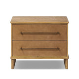 Featuring Stella Hazel Oak Veneer Nightstand by Four Hands at Amethyst Home. Bring a Nordic-inspired look to your bedroom styling. A spacious two-drawer nightstand of thick, grain-rich oak veneer encases drawer fronts covered with tan top-grain leather exclusive to Four Hands. Finished out with long, linear iron hardware. Overall Dimensions: 28.00"w x 19.50. Amethyst Home provides interior design, new home construction design consulting, vintage area rugs, and lighting in the Nashville metro area.