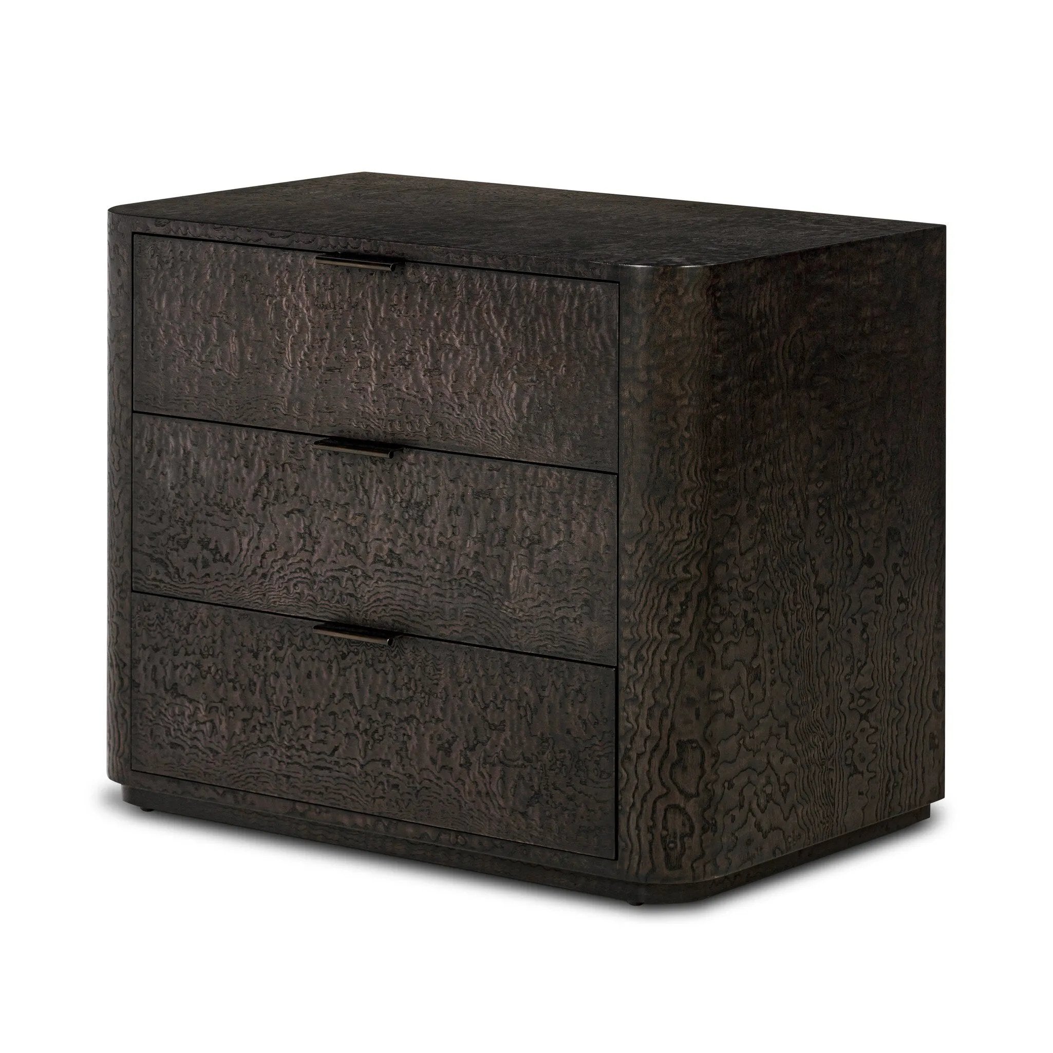 Flush doors, subtle hardware and rounded corners let the burl-like wood veneer of this character-rich nightstand take center stage on an understated pedestal base, with three drawers for max function.As enthusiasts of luxe aesthetics at Amethyst, we love the warm modern inspired Stenson 3 Drawer Nightstand. Amethyst Home provides interior design, new home construction design consulting, vintage area rugs, and lighting in the Portland metro area.