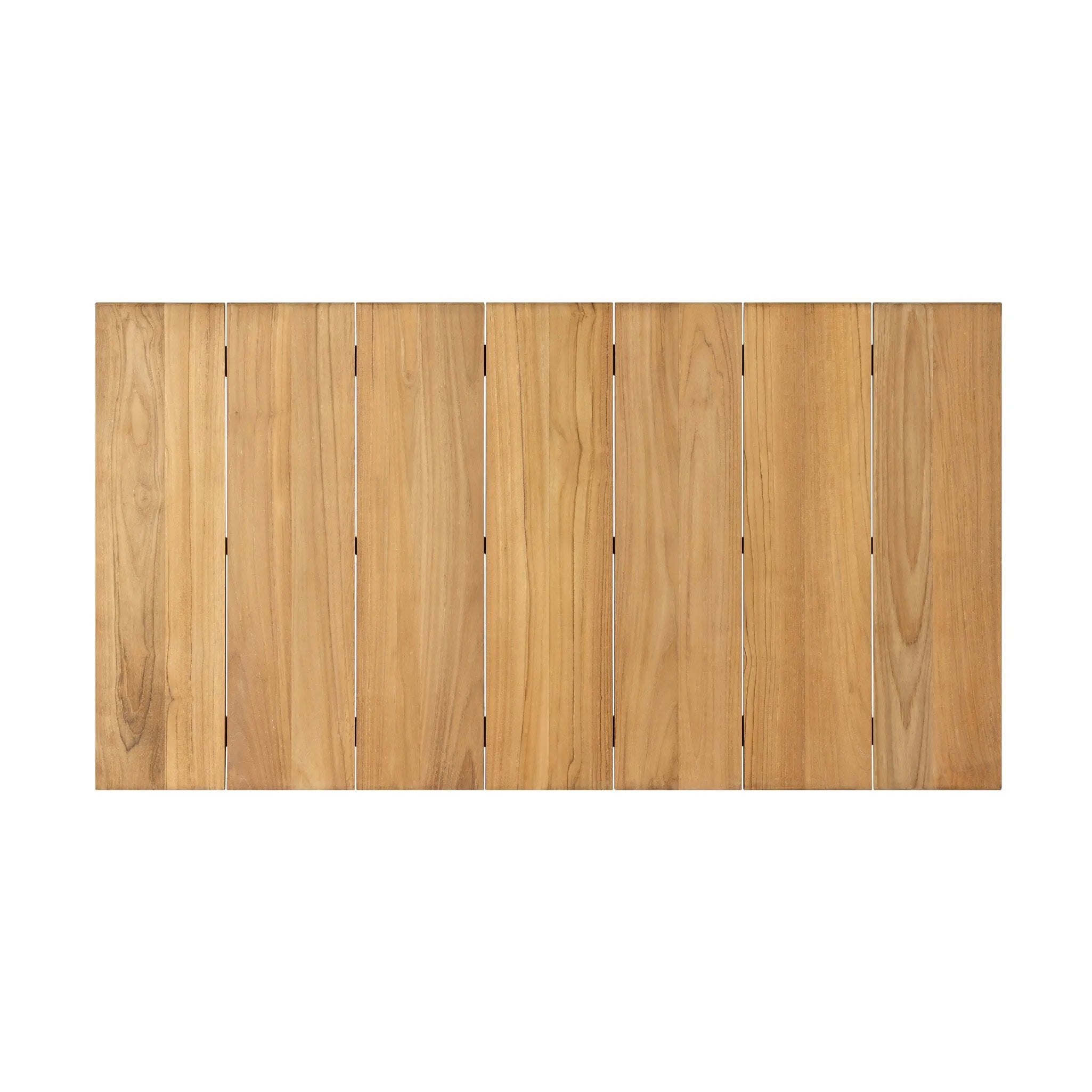 Grade A teak is fine sanded into a soft, unfinished look that highlights the wood's natural grain, finished with rounded legs that angle inward. Topped with slatted panels. Cover or store inside during inclement weather and when not in use. Amethyst Home provides interior design, new home construction design consulting, vintage area rugs, and lighting in the Charlotte metro area.