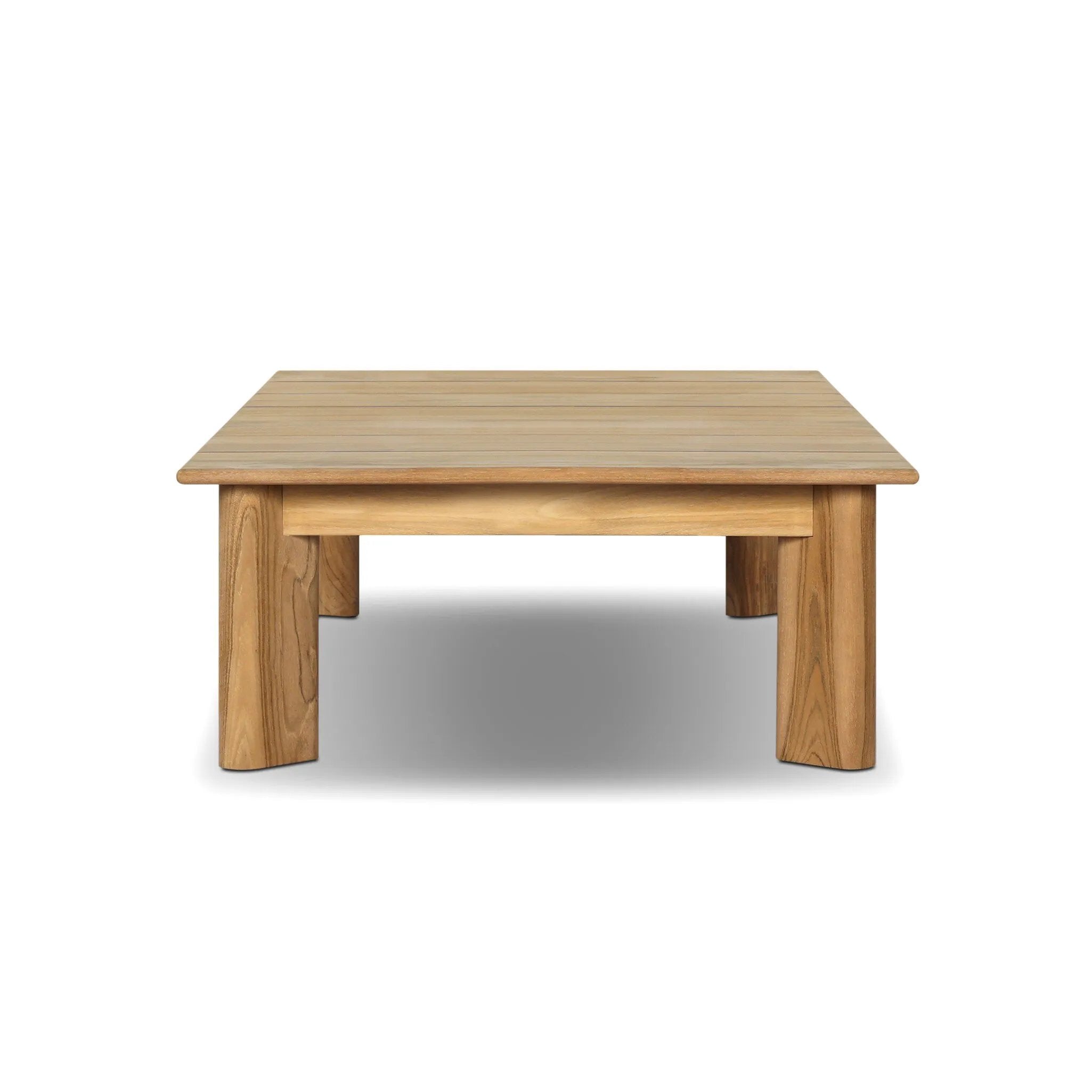 Grade A teak is fine sanded into a soft, unfinished look that highlights the wood's natural grain, finished with rounded legs that angle inward. Topped with slatted panels. Cover or store inside during inclement weather and when not in use. Amethyst Home provides interior design, new home construction design consulting, vintage area rugs, and lighting in the Miami metro area.