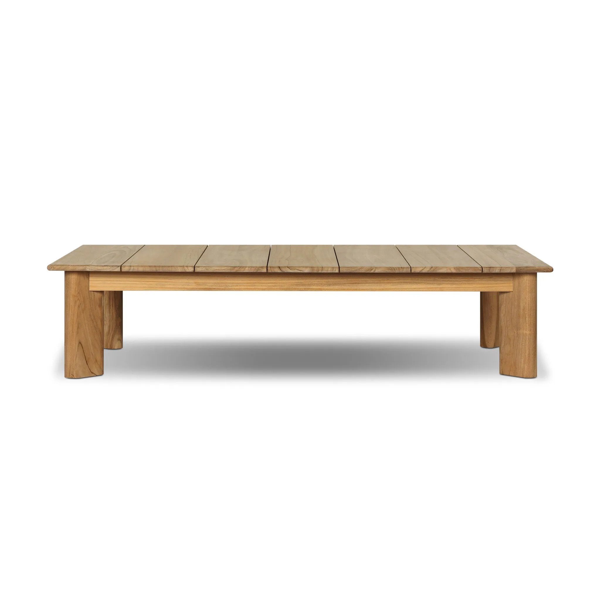 Grade A teak is fine sanded into a soft, unfinished look that highlights the wood's natural grain, finished with rounded legs that angle inward. Topped with slatted panels. Cover or store inside during inclement weather and when not in use. Amethyst Home provides interior design, new home construction design consulting, vintage area rugs, and lighting in the Newport Beach metro area.