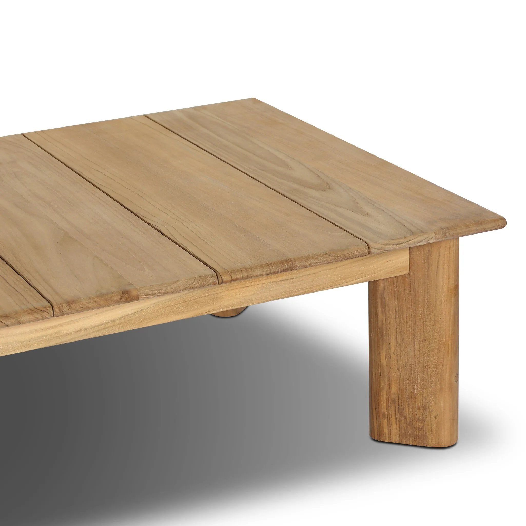 Grade A teak is fine sanded into a soft, unfinished look that highlights the wood's natural grain, finished with rounded legs that angle inward. Topped with slatted panels. Cover or store inside during inclement weather and when not in use. Amethyst Home provides interior design, new home construction design consulting, vintage area rugs, and lighting in the Omaha metro area.