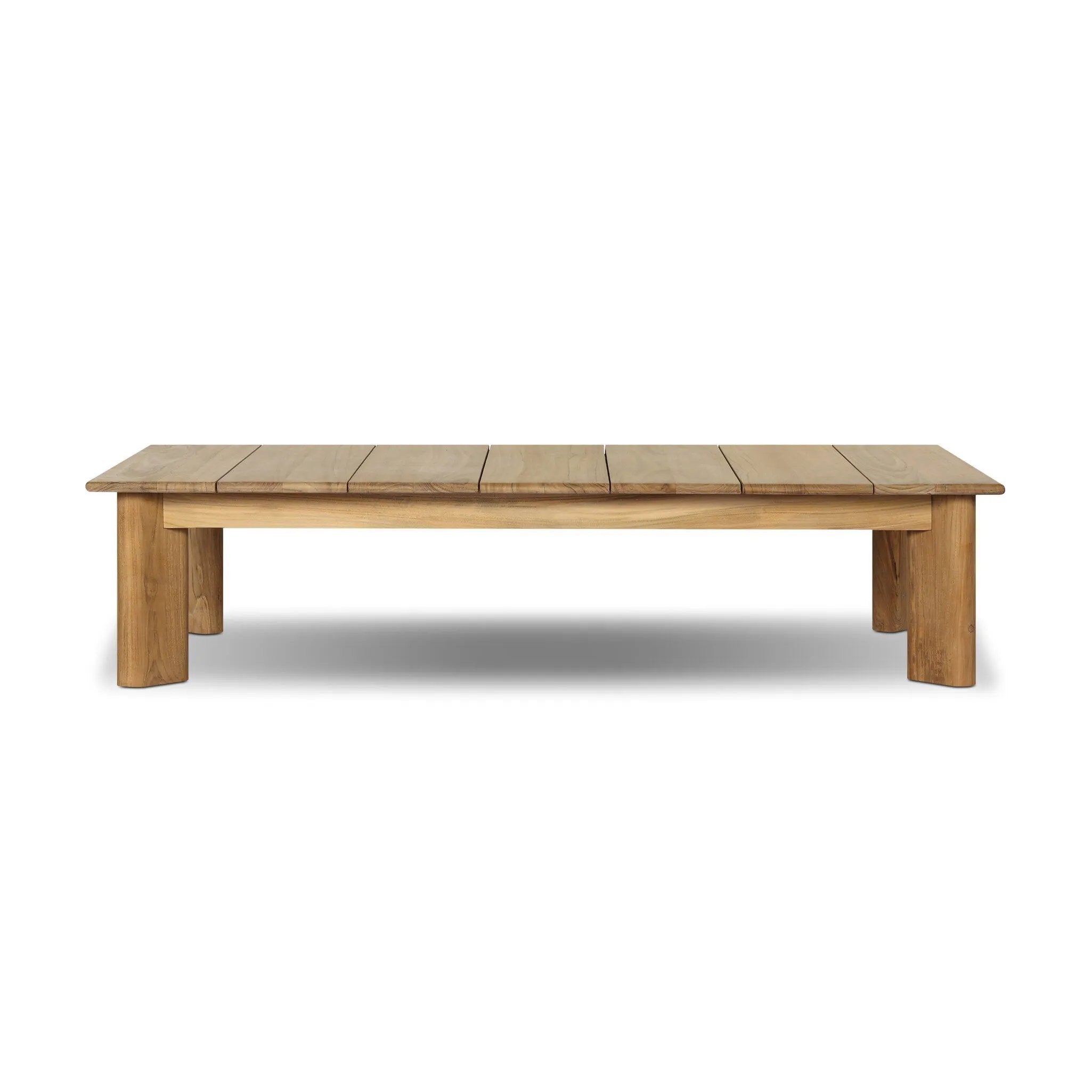 Grade A teak is fine sanded into a soft, unfinished look that highlights the wood's natural grain, finished with rounded legs that angle inward. Topped with slatted panels. Cover or store inside during inclement weather and when not in use. Amethyst Home provides interior design, new home construction design consulting, vintage area rugs, and lighting in the San Diego metro area.