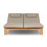 Grade A teak is fine sanded into a soft, unfinished outdoor double chaise that highlights the wood's natural grain, thick cushioning for a sink-in feel. Cover or store inside during inclement weather and when not in use.As fans of natural style at Amethyst, we love the designer inspired Sterling Outdoor Double Chaise - Ibiza Mole. Amethyst Home provides interior design, new home construction design consulting, vintage area rugs, and lighting in the Newport Beach metro area.