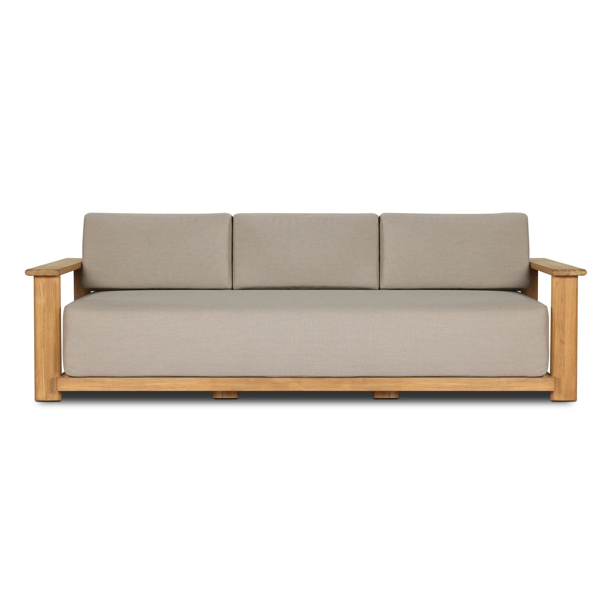 Grade A teak is fine sanded into a soft, unfinished outdoor sofa that highlights the wood's natural grain, thick cushioning for a sink-in feel. Cover or store inside during inclement weather and when not in use.As enthusiasts of wabi sabi materials at Amethyst, we love the designer inspired Sterling Outdoor Sofa-98" - Ibiza Mole. Amethyst Home provides interior design, new home construction design consulting, vintage area rugs, and lighting in the Kansas City metro area.