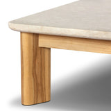 Grade A teak is fine sanded into a soft, unfinished look that highlights the wood's natural grain, finished with rounded legs that angle inward. Topped with neutral travertine stone for a blend of materials. Cover or store inside during inclement weather and when not in use. Amethyst Home provides interior design, new home construction design consulting, vintage area rugs, and lighting in the Austin metro area.