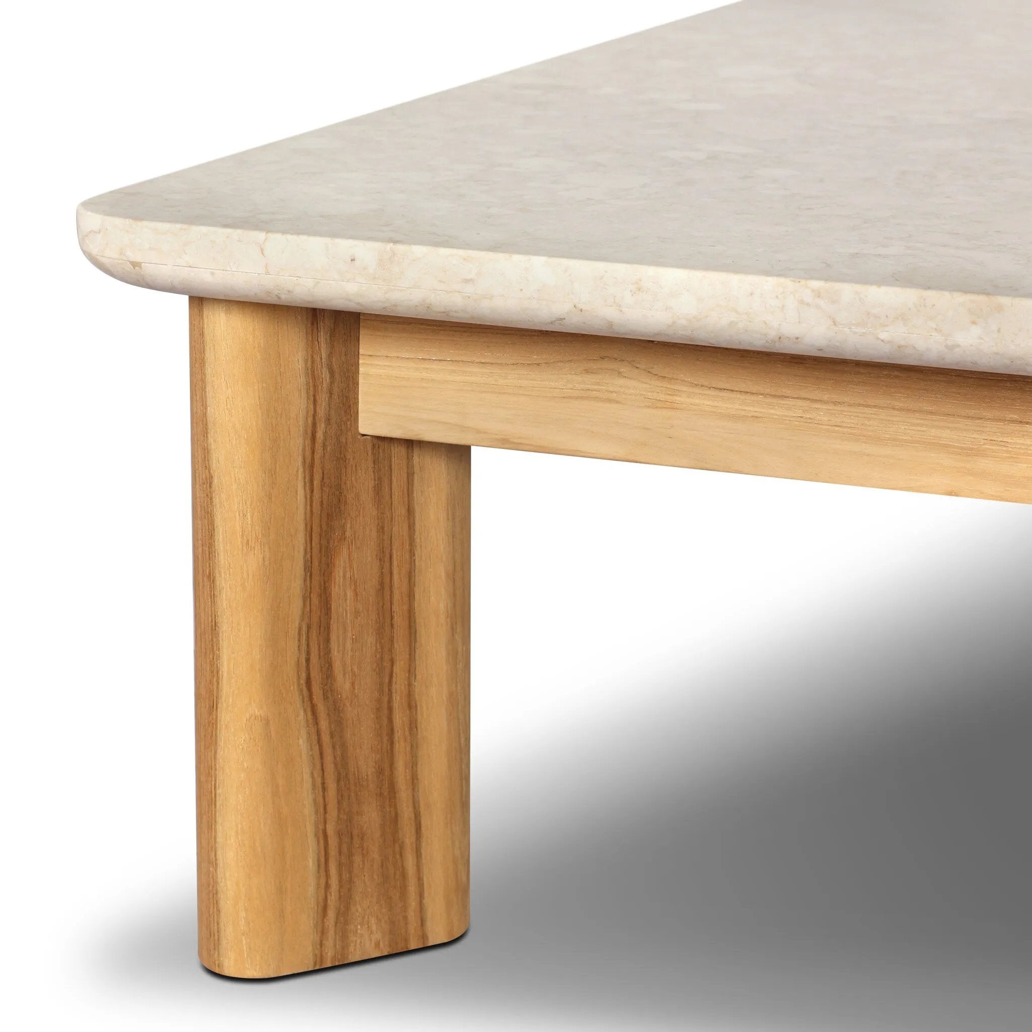 Grade A teak is fine sanded into a soft, unfinished look that highlights the wood's natural grain, finished with rounded legs that angle inward. Topped with neutral travertine stone for a blend of materials. Cover or store inside during inclement weather and when not in use. Amethyst Home provides interior design, new home construction design consulting, vintage area rugs, and lighting in the Austin metro area.