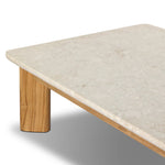Grade A teak is fine sanded into a soft, unfinished look that highlights the wood's natural grain, finished with rounded legs that angle inward. Topped with neutral travertine stone for a blend of materials. Cover or store inside during inclement weather and when not in use. Amethyst Home provides interior design, new home construction design consulting, vintage area rugs, and lighting in the Boston metro area.