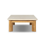Grade A teak is fine sanded into a soft, unfinished look that highlights the wood's natural grain, finished with rounded legs that angle inward. Topped with neutral travertine stone for a blend of materials. Cover or store inside during inclement weather and when not in use. Amethyst Home provides interior design, new home construction design consulting, vintage area rugs, and lighting in the Calabasas metro area.