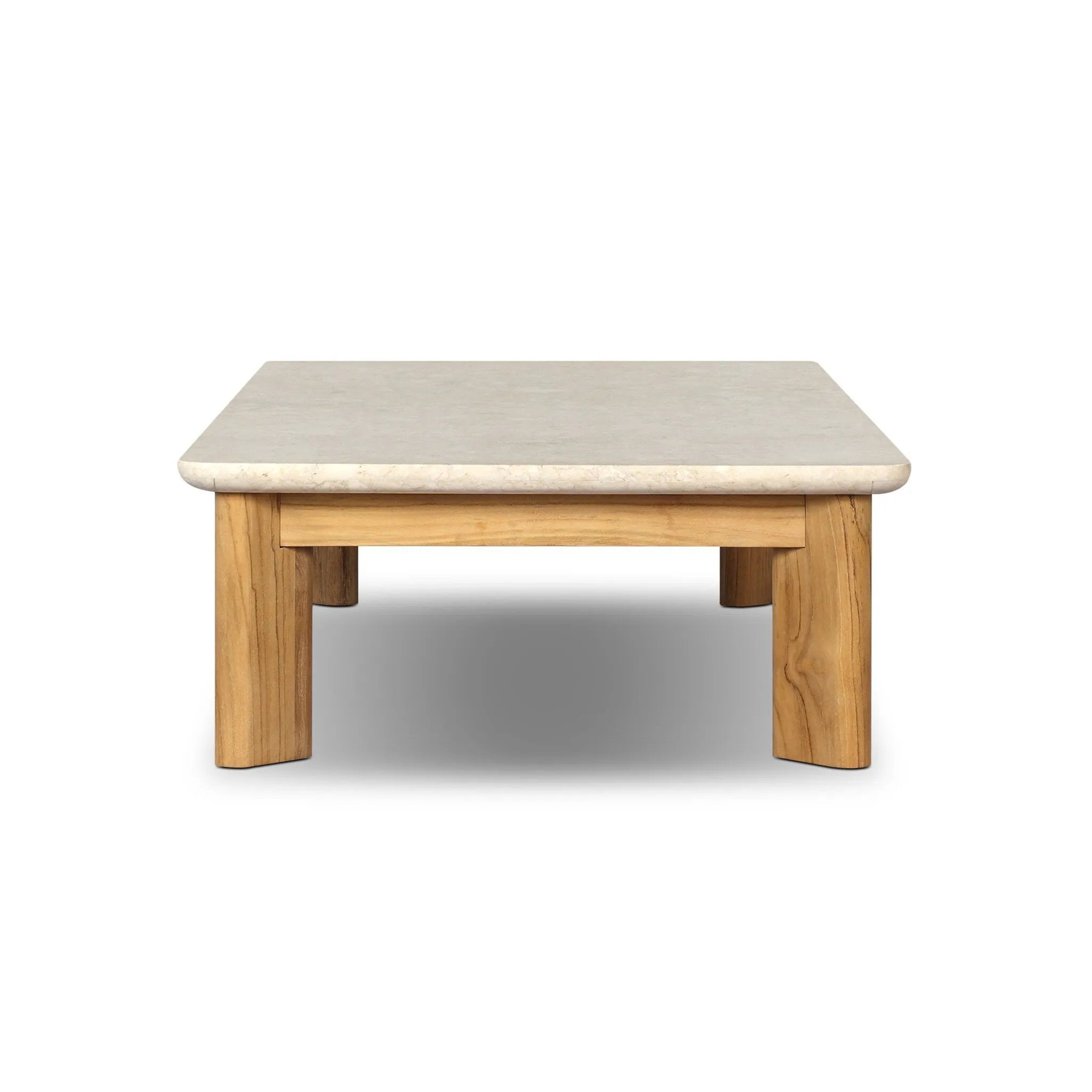 Grade A teak is fine sanded into a soft, unfinished look that highlights the wood's natural grain, finished with rounded legs that angle inward. Topped with neutral travertine stone for a blend of materials. Cover or store inside during inclement weather and when not in use. Amethyst Home provides interior design, new home construction design consulting, vintage area rugs, and lighting in the Calabasas metro area.