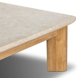 Grade A teak is fine sanded into a soft, unfinished look that highlights the wood's natural grain, finished with rounded legs that angle inward. Topped with neutral travertine stone for a blend of materials. Cover or store inside during inclement weather and when not in use. Amethyst Home provides interior design, new home construction design consulting, vintage area rugs, and lighting in the Laguna Beach metro area.