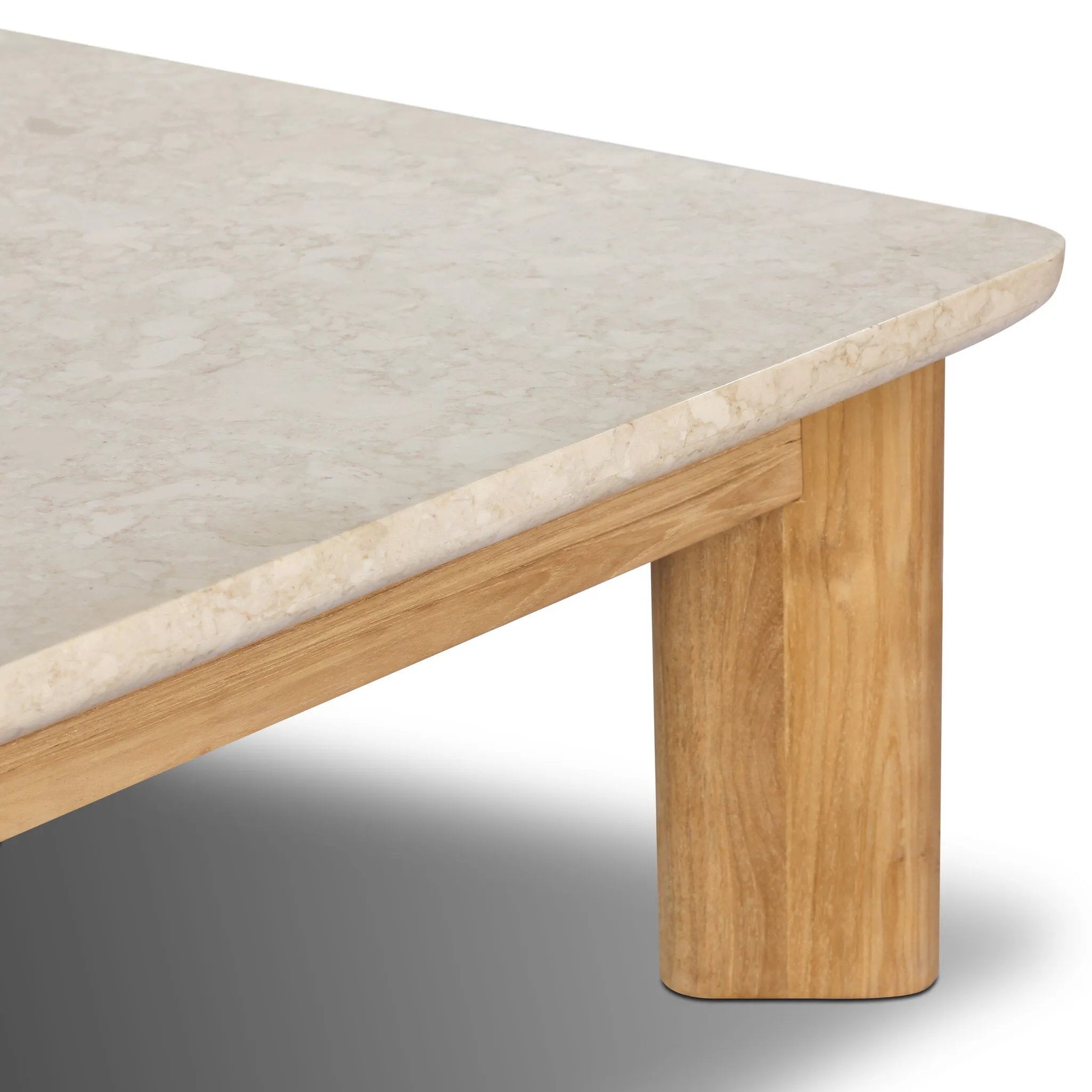 Grade A teak is fine sanded into a soft, unfinished look that highlights the wood's natural grain, finished with rounded legs that angle inward. Topped with neutral travertine stone for a blend of materials. Cover or store inside during inclement weather and when not in use. Amethyst Home provides interior design, new home construction design consulting, vintage area rugs, and lighting in the Laguna Beach metro area.