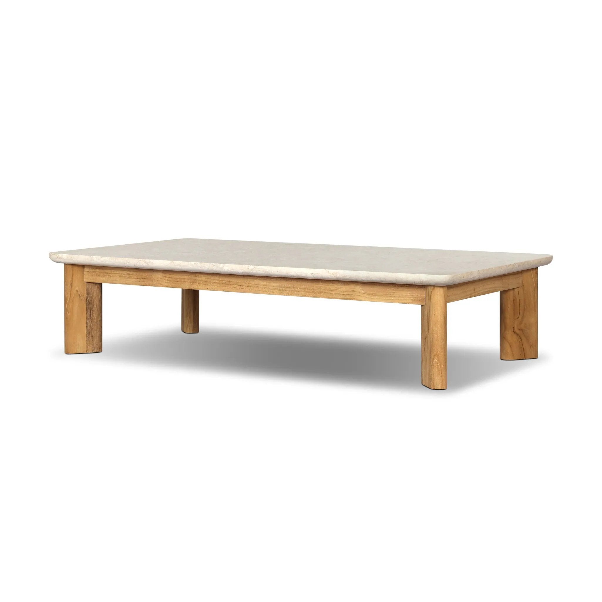 Grade A teak is fine sanded into a soft, unfinished look that highlights the wood's natural grain, finished with rounded legs that angle inward. Topped with neutral travertine stone for a blend of materials. Cover or store inside during inclement weather and when not in use. Amethyst Home provides interior design, new home construction design consulting, vintage area rugs, and lighting in the Miami metro area.