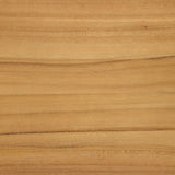 Grade A teak is fine sanded into a soft, unfinished look that highlights the wood's natural grain, finished with rounded legs that angle inward. Topped with neutral travertine stone for a blend of materials. Cover or store inside during inclement weather and when not in use. Amethyst Home provides interior design, new home construction design consulting, vintage area rugs, and lighting in the Monterey metro area.