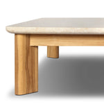 Grade A teak is fine sanded into a soft, unfinished look that highlights the wood's natural grain, finished with rounded legs that angle inward. Topped with neutral travertine stone for a blend of materials. Cover or store inside during inclement weather and when not in use. Amethyst Home provides interior design, new home construction design consulting, vintage area rugs, and lighting in the Portland metro area.