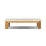 Grade A teak is fine sanded into a soft, unfinished look that highlights the wood's natural grain, finished with rounded legs that angle inward. Topped with neutral travertine stone for a blend of materials. Cover or store inside during inclement weather and when not in use. Amethyst Home provides interior design, new home construction design consulting, vintage area rugs, and lighting in the Salt Lake City metro area.