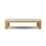 Grade A teak is fine sanded into a soft, unfinished look that highlights the wood's natural grain, finished with rounded legs that angle inward. Topped with neutral travertine stone for a blend of materials. Cover or store inside during inclement weather and when not in use. Amethyst Home provides interior design, new home construction design consulting, vintage area rugs, and lighting in the Salt Lake City metro area.