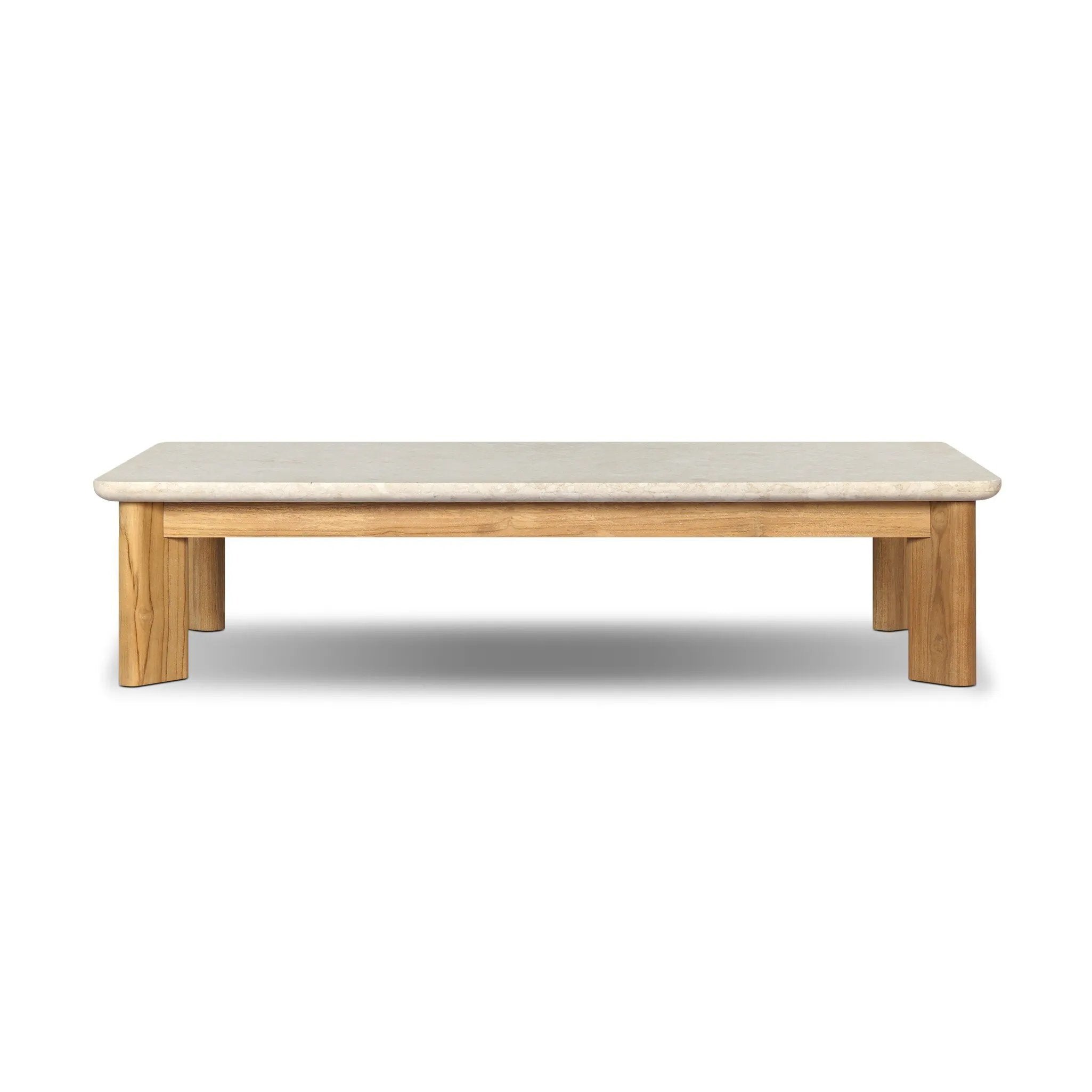 Grade A teak is fine sanded into a soft, unfinished look that highlights the wood's natural grain, finished with rounded legs that angle inward. Topped with neutral travertine stone for a blend of materials. Cover or store inside during inclement weather and when not in use. Amethyst Home provides interior design, new home construction design consulting, vintage area rugs, and lighting in the Salt Lake City metro area.