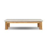 Grade A teak is fine sanded into a soft, unfinished look that highlights the wood's natural grain, finished with rounded legs that angle inward. Topped with neutral travertine stone for a blend of materials. Cover or store inside during inclement weather and when not in use. Amethyst Home provides interior design, new home construction design consulting, vintage area rugs, and lighting in the Tampa metro area.