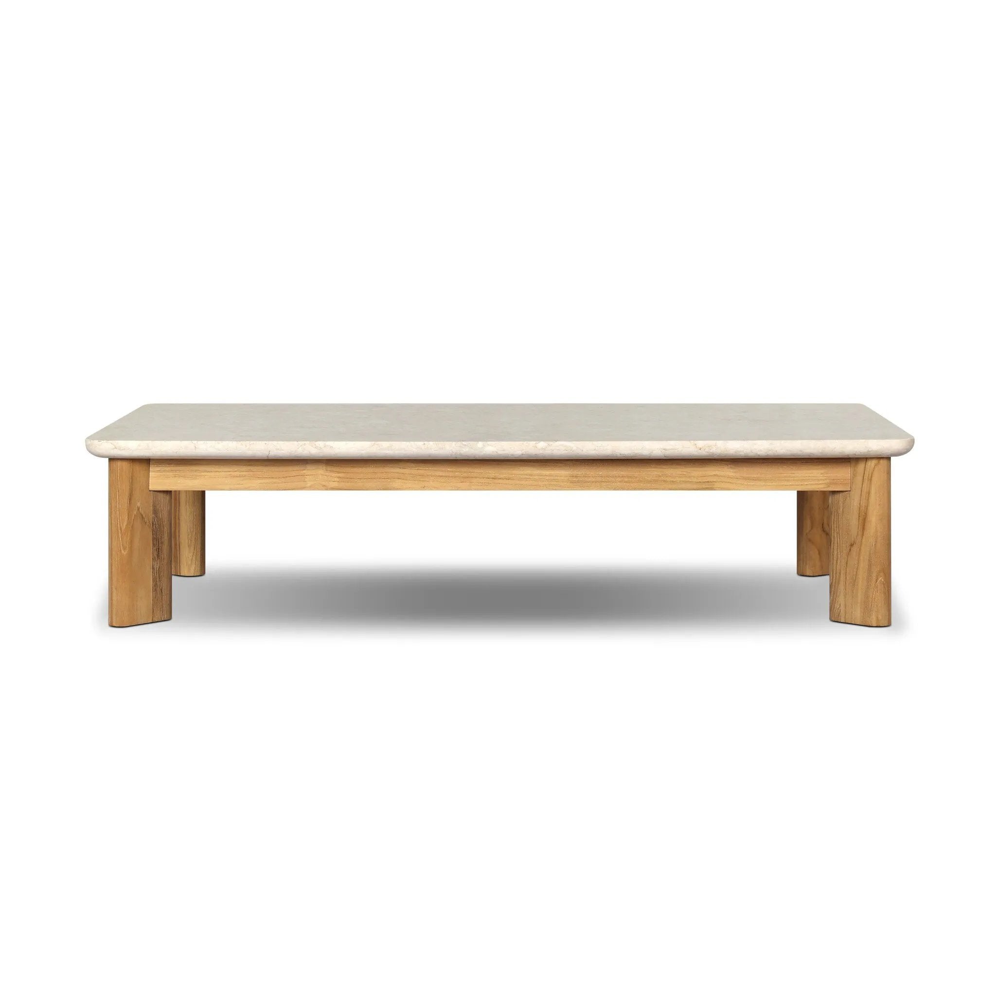 Grade A teak is fine sanded into a soft, unfinished look that highlights the wood's natural grain, finished with rounded legs that angle inward. Topped with neutral travertine stone for a blend of materials. Cover or store inside during inclement weather and when not in use. Amethyst Home provides interior design, new home construction design consulting, vintage area rugs, and lighting in the Tampa metro area.