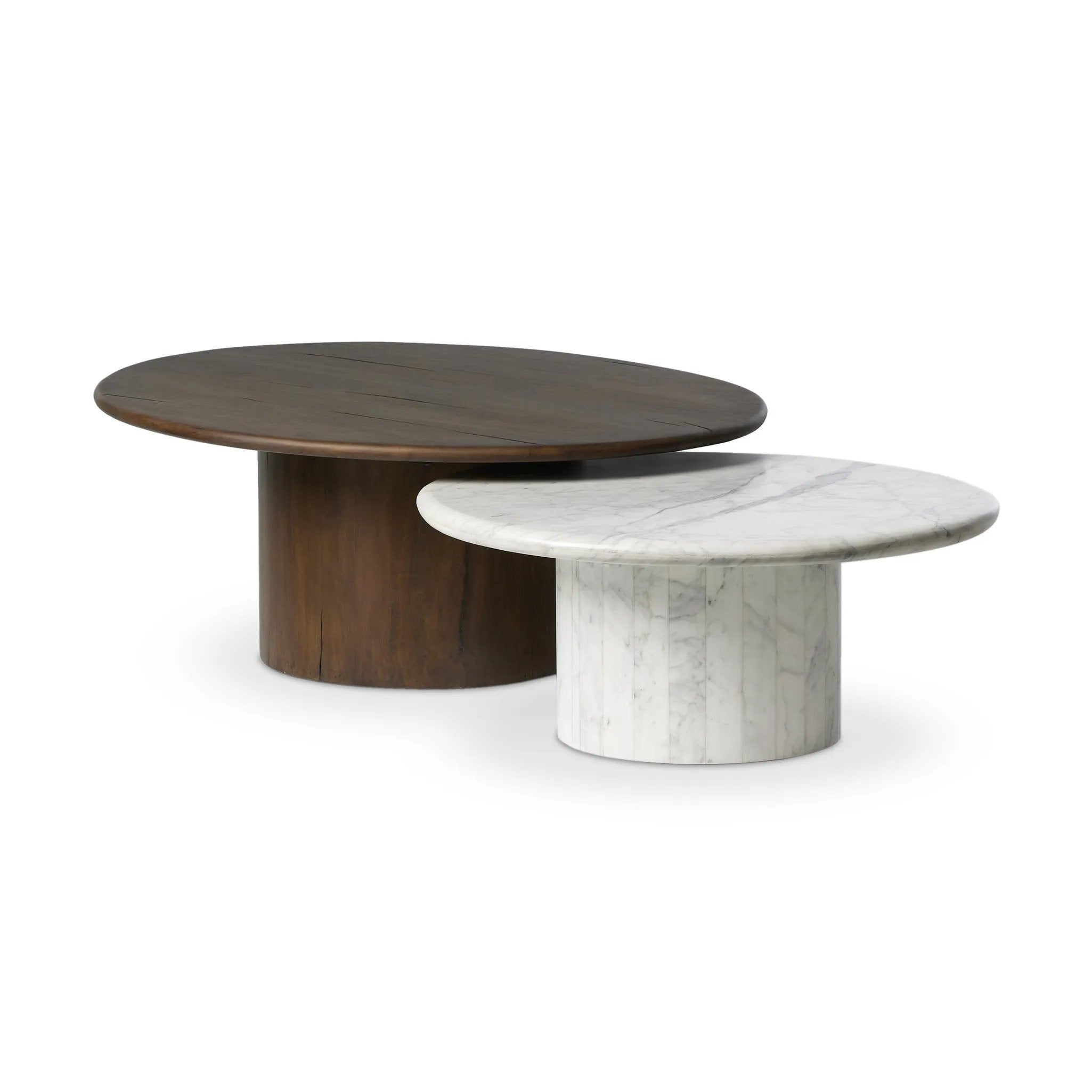 Featuring Stuart White Calacatta Marble Nesting Coffee Tables - MIX & Match by Four Hands at Amethyst Home. Elevate the look of your living space with a nest-style set of coffee tables — one larger table made from mixed reclaimed woods and a smaller table of white Calacatta marble. Together, they make for a true mixed materials moment.Large Marble, Small W. Amethyst Home provides interior design, new home construction design consulting, vintage area rugs, and lighting in the Des Moines metro area.