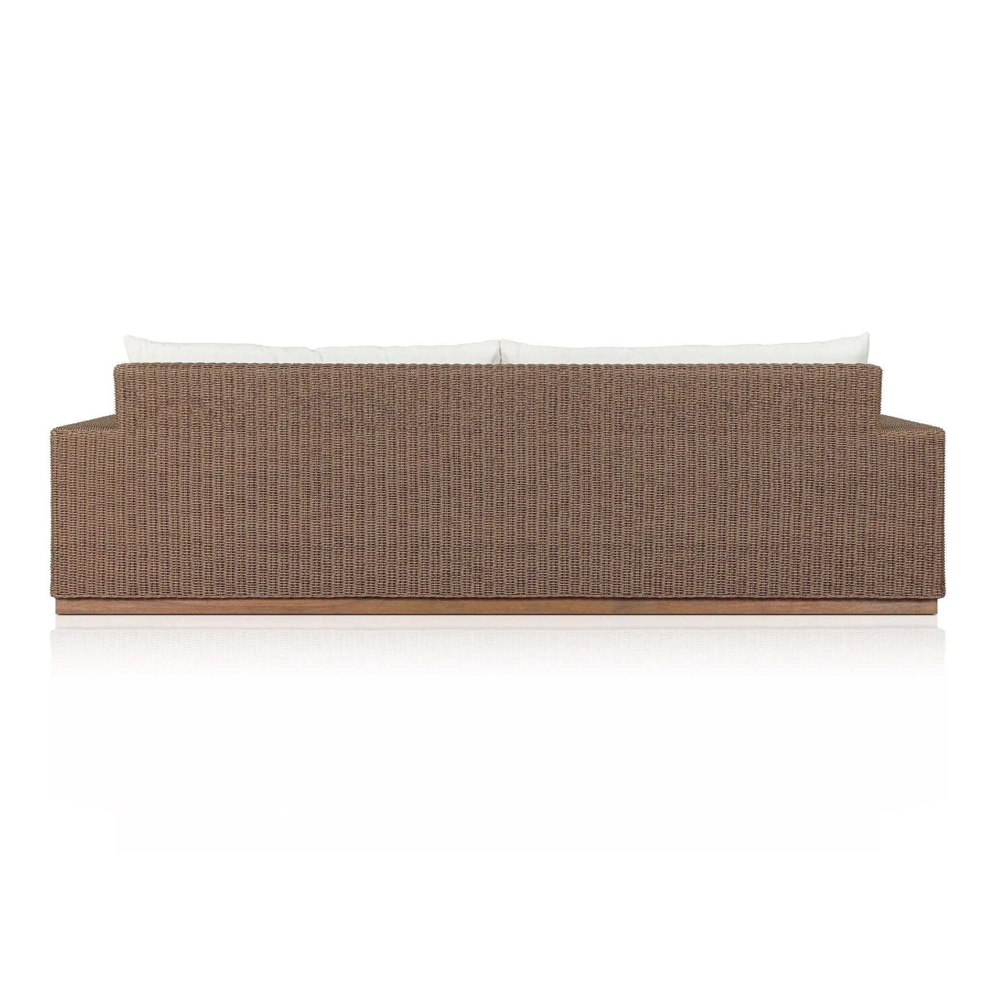 Featuring Suri Arashi Salt Outdoor Sofa 106" by Four Hands at Amethyst Home. Elevate your outdoors. A wide-format outdoor sofa features a faux hyacinth frame and plinth base. Linear details and a boxy silhouette make this piece truly timeless, while knife-edge back cushions soften the whole look. Upholstered in 100% olefin, known for its UV-resistant, water-re. Amethyst Home provides interior design, new home construction design consulting, vintage area rugs, and lighting in the Dallas metro area.