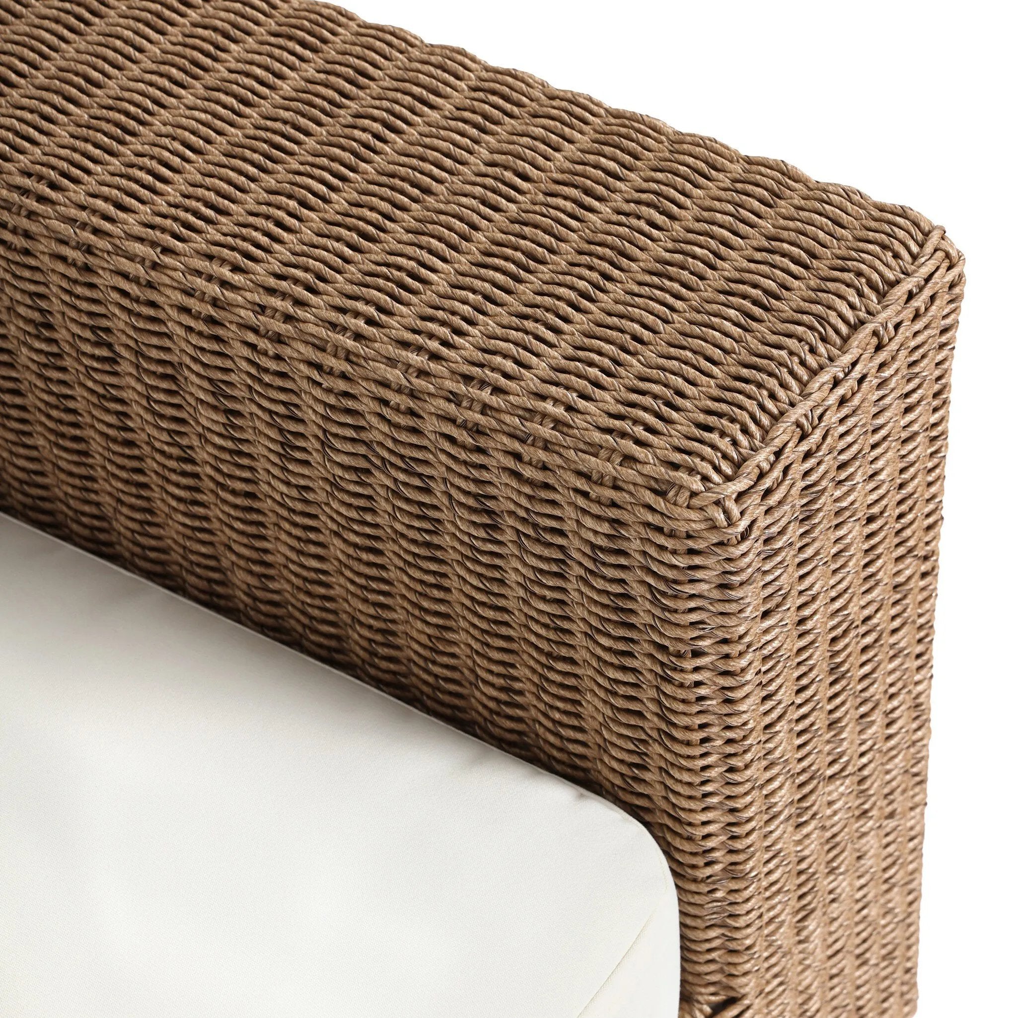 Featuring Suri Arashi Salt Outdoor Sofa 106" by Four Hands at Amethyst Home. Elevate your outdoors. A wide-format outdoor sofa features a faux hyacinth frame and plinth base. Linear details and a boxy silhouette make this piece truly timeless, while knife-edge back cushions soften the whole look. Upholstered in 100% olefin, known for its UV-resistant, water-rep. Amethyst Home provides interior design, new home construction design consulting, vintage area rugs, and lighting in the Miami metro area.