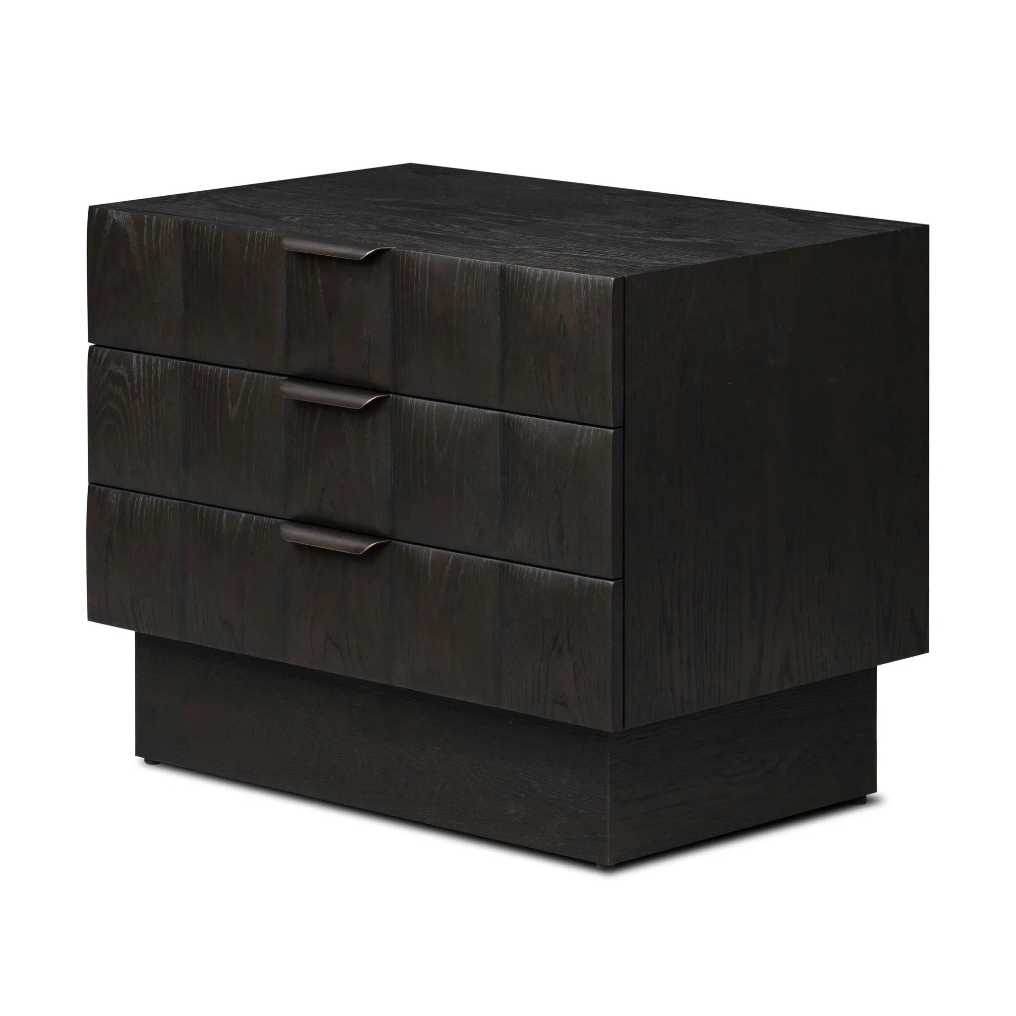 A softened Brutalist take on the traditional nightstand. The monolithic piece’s black oak veneer case sits atop a matching pedestal for an element of exaggeration. A grid pattern with inflated volume adds drama.As enthusiasts of luxe materials at Amethyst, we love the warm modern inspired Swell Nightstand - Dry Black Oak Veneer. Amethyst Home provides interior design, new home construction design consulting, vintage area rugs, and lighting in the Omaha metro area.