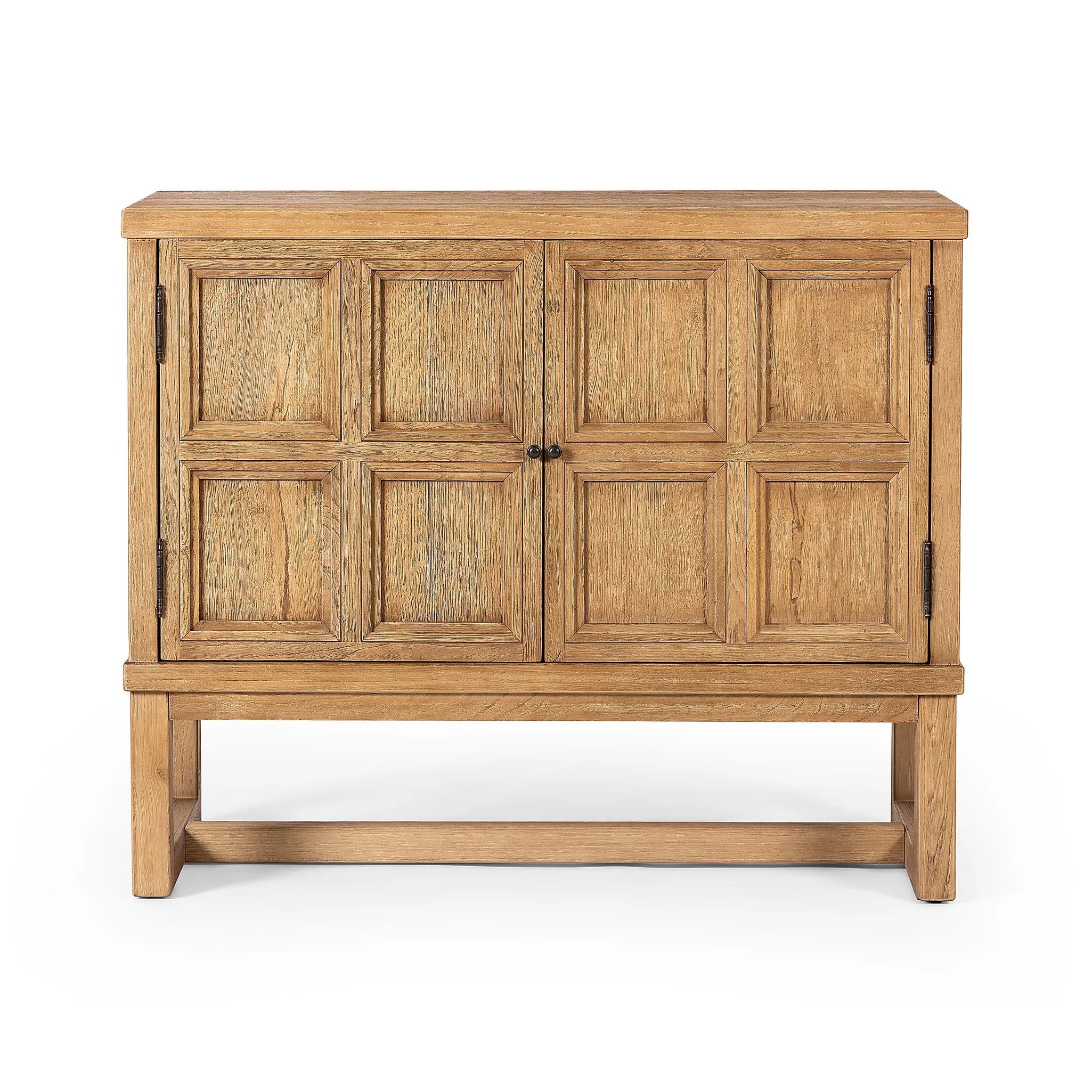 Small-scale cabinetry of worn oak features paneled doors, lending texture to a clean-lined design Amethyst Home provides interior design, new home construction design consulting, vintage area rugs, and lighting in the Portland metro area.