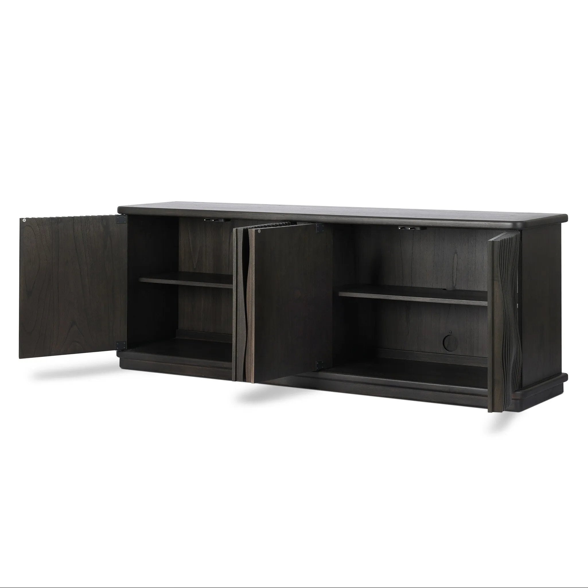 Bring a truly unique look to the dining or living space with this stunning sideboard inspired by rolling ocean tides. Crafted of solid mindi and mindi veneer, a stunning front features repetitive, flow-like reeding that's been precision-cut in individual pieces and assembled onto the doors, creating deep curves reminiscent of rippling waves. Amethyst Home provides interior design, new home construction design consulting, vintage area rugs, and lighting in the Newport Beach metro area.