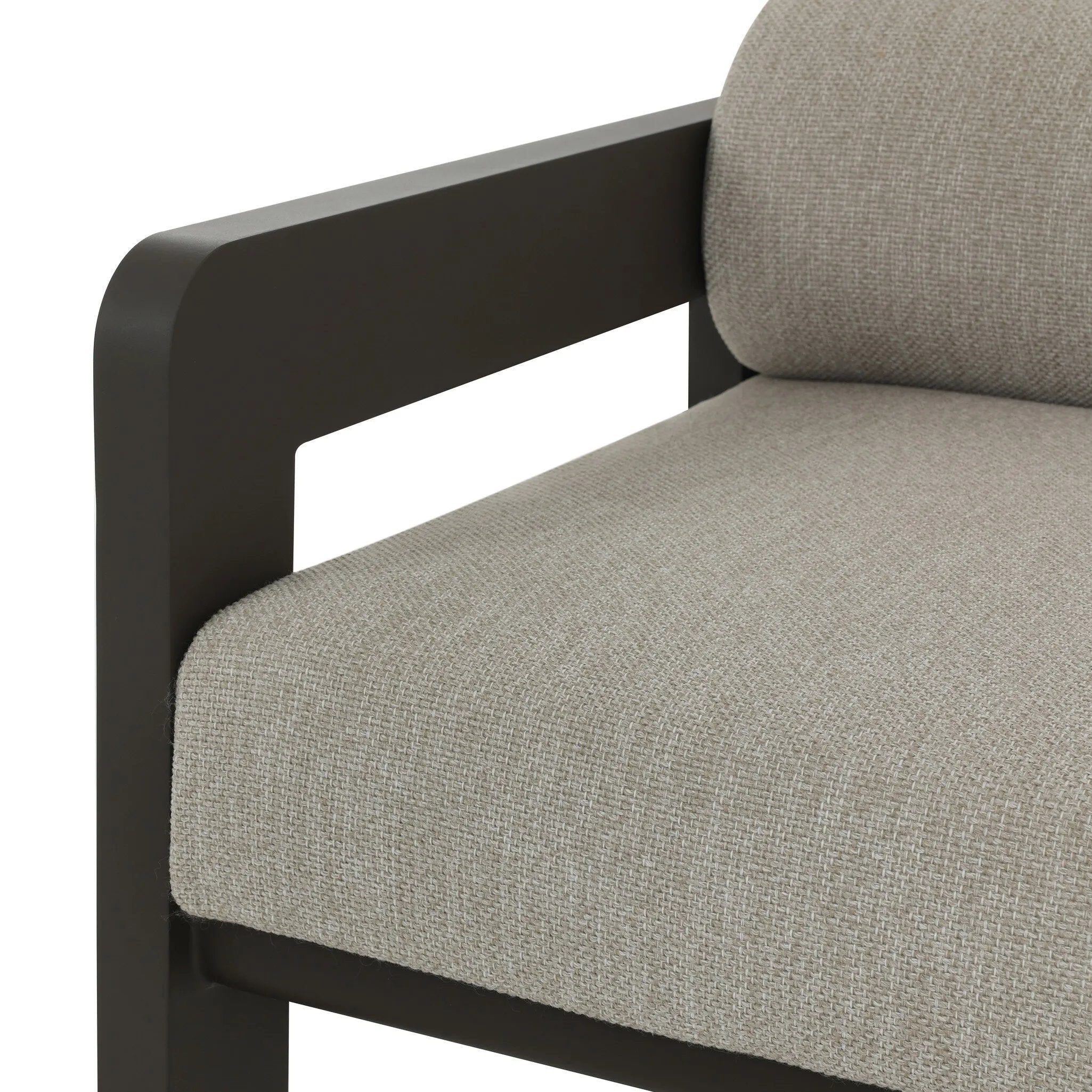 Aluminum frames heavy-proportioned bench-style seat and bolster back cushions, giving this outdoor chair clean lines and strong visual presence. Cover or store inside during inclement weather or when not in use.As enthusiasts of luxe aesthetics at Amethyst, we love the warm modern inspired Tatiana Outdoor Chair - Ramiro Ecru. Amethyst Home provides interior design, new home construction design consulting, vintage area rugs, and lighting in the Laguna Beach metro area.