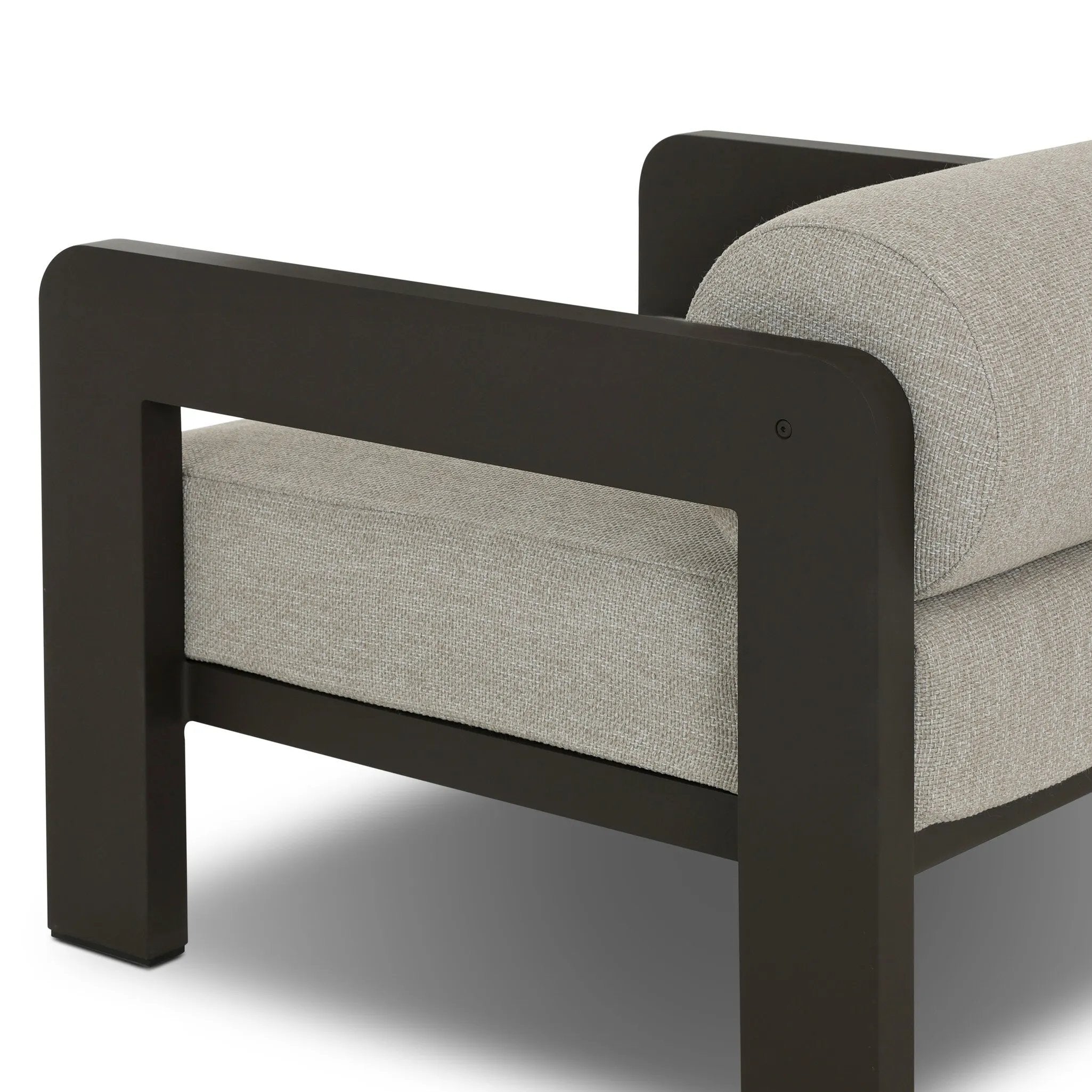 Aluminum frames heavy-proportioned bench-style seat and bolster back cushions, giving this outdoor chair clean lines and strong visual presence. Cover or store inside during inclement weather or when not in use.As enthusiasts of luxe aesthetics at Amethyst, we love the warm modern inspired Tatiana Outdoor Chair - Ramiro Ecru. Amethyst Home provides interior design, new home construction design consulting, vintage area rugs, and lighting in the Seattle metro area.