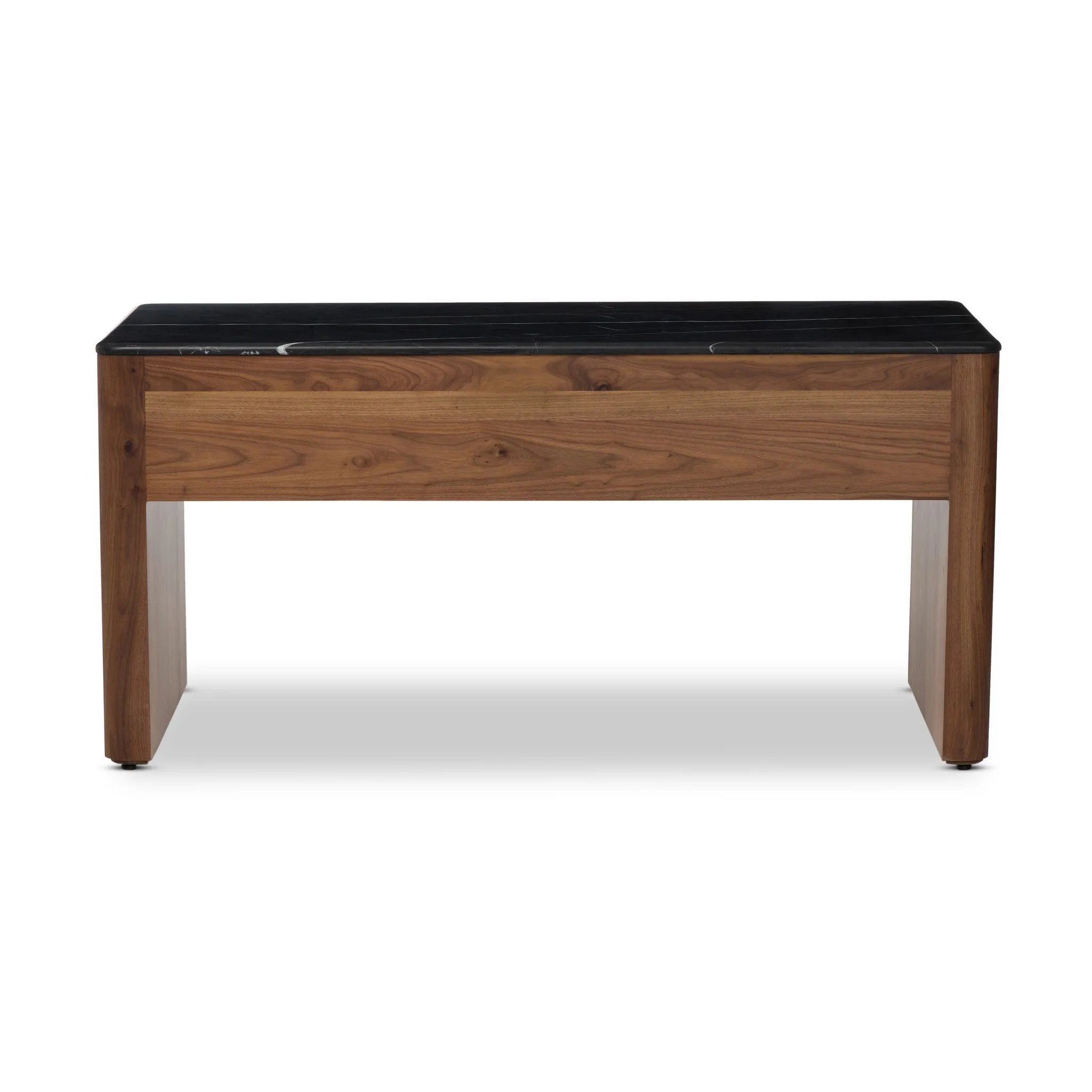 Design your home office with hallmark features inspired by soft Brutalism. Made from solid walnut and poplar woods with a natural finish, the five-drawer executive desk is topped with a black marble top with half bullnose edging for smooth contours. High-quality hardware is crafted from black iron Amethyst Home provides interior design, new home construction design consulting, vintage area rugs, and lighting in the Austin metro area.