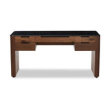 Design your home office with hallmark features inspired by soft Brutalism. Made from solid walnut and poplar woods with a natural finish, the five-drawer executive desk is topped with a black marble top with half bullnose edging for smooth contours. High-quality hardware is crafted from black iron Amethyst Home provides interior design, new home construction design consulting, vintage area rugs, and lighting in the Monterey metro area.