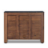 Design your space with hallmark features inspired by soft Brutalism. Made from solid walnut and poplar woods with a natural finish, the cabinet is topped with a black marble top with half bullnose edging for smooth contours. Double doors open to two shelves for ample storage. High-quality hardware is crafted from black iron. Amethyst Home provides interior design, new home construction design consulting, vintage area rugs, and lighting in the Seattle metro area.