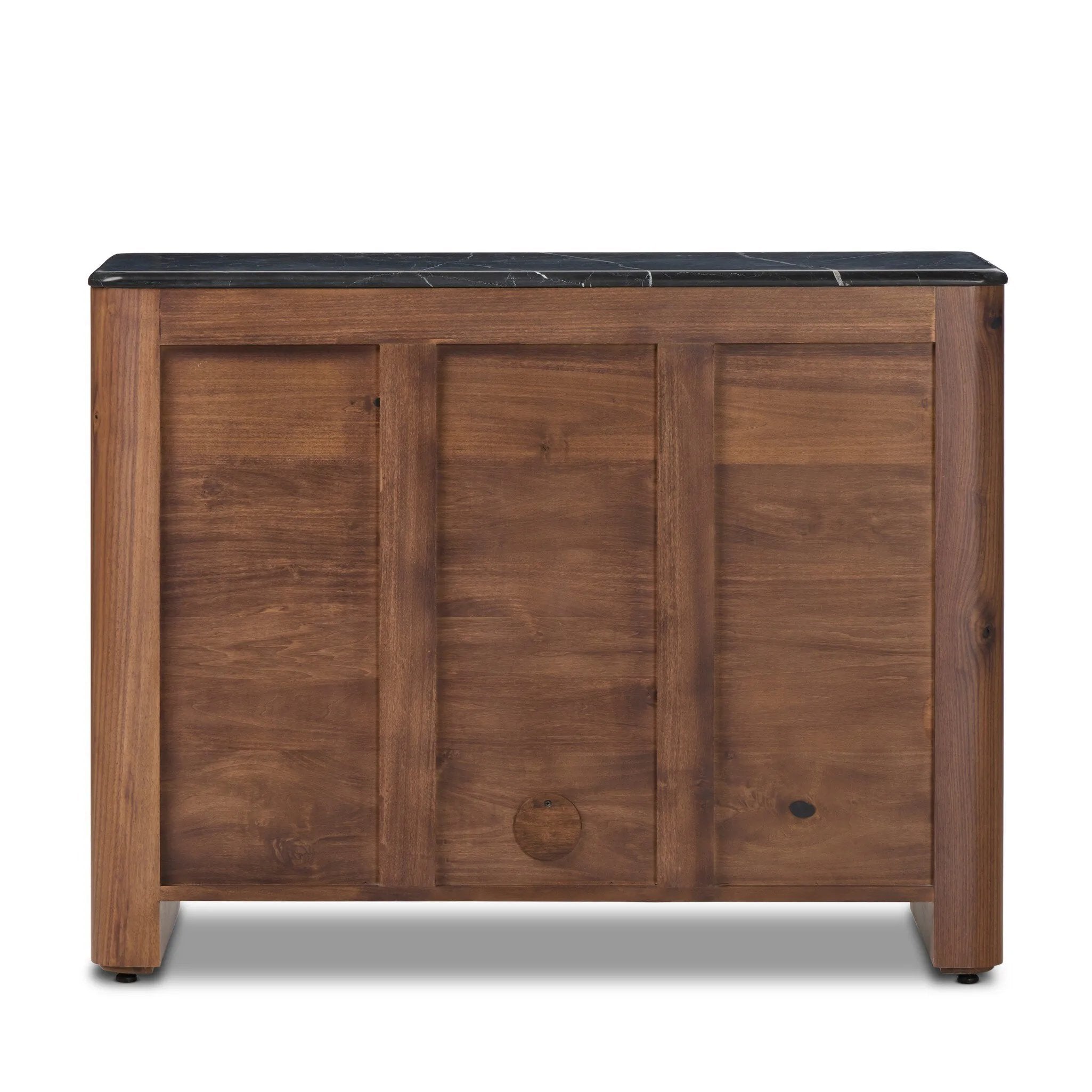 Design your space with hallmark features inspired by soft Brutalism. Made from solid walnut and poplar woods with a natural finish, the cabinet is topped with a black marble top with half bullnose edging for smooth contours. Double doors open to two shelves for ample storage. High-quality hardware is crafted from black iron. Amethyst Home provides interior design, new home construction design consulting, vintage area rugs, and lighting in the Seattle metro area.