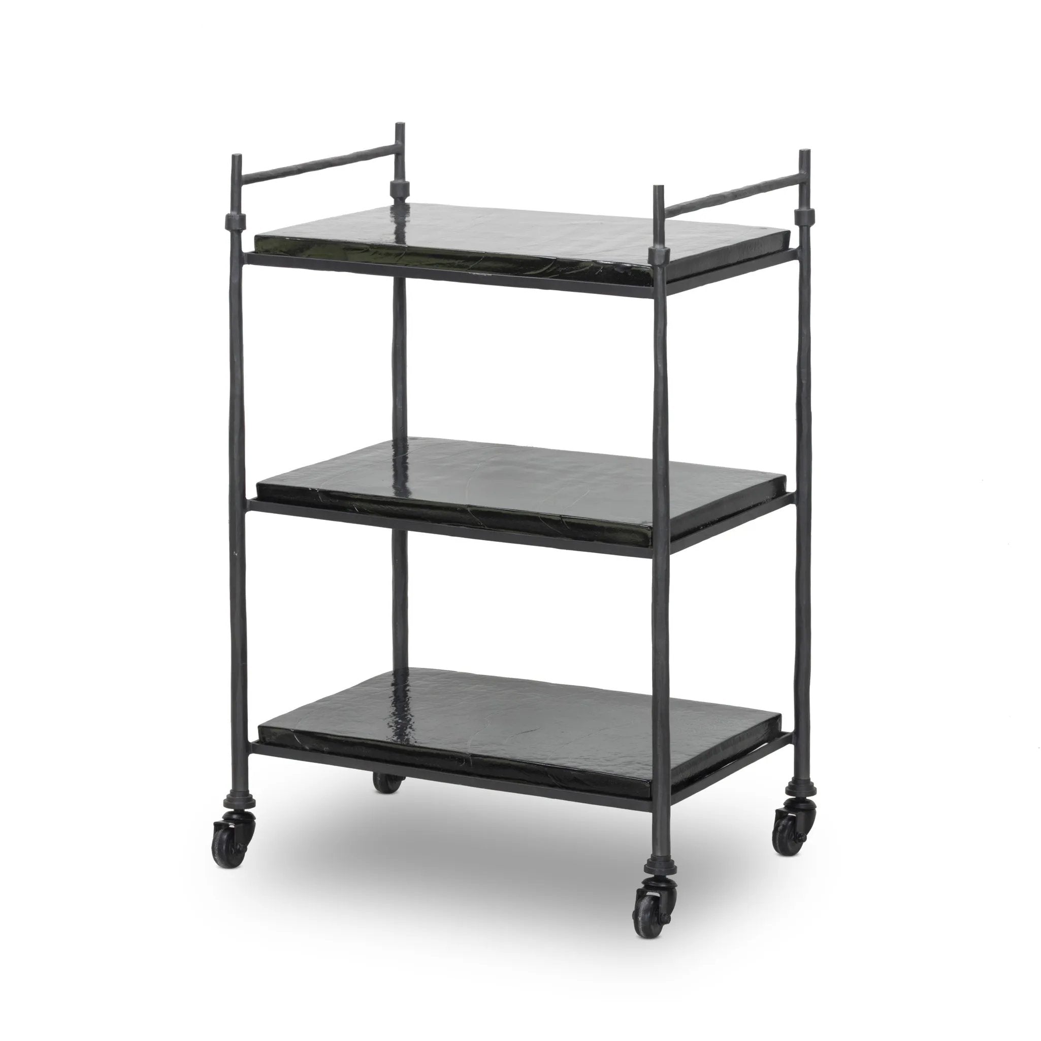 Elevate cocktail hour with an always-in-style rolling bar cart. Crafted from black hammered metal with three tiers of smoked cast glass, offering smooth surface space for storage and display Amethyst Home provides interior design, new home construction design consulting, vintage area rugs, and lighting in the Monterey metro area.