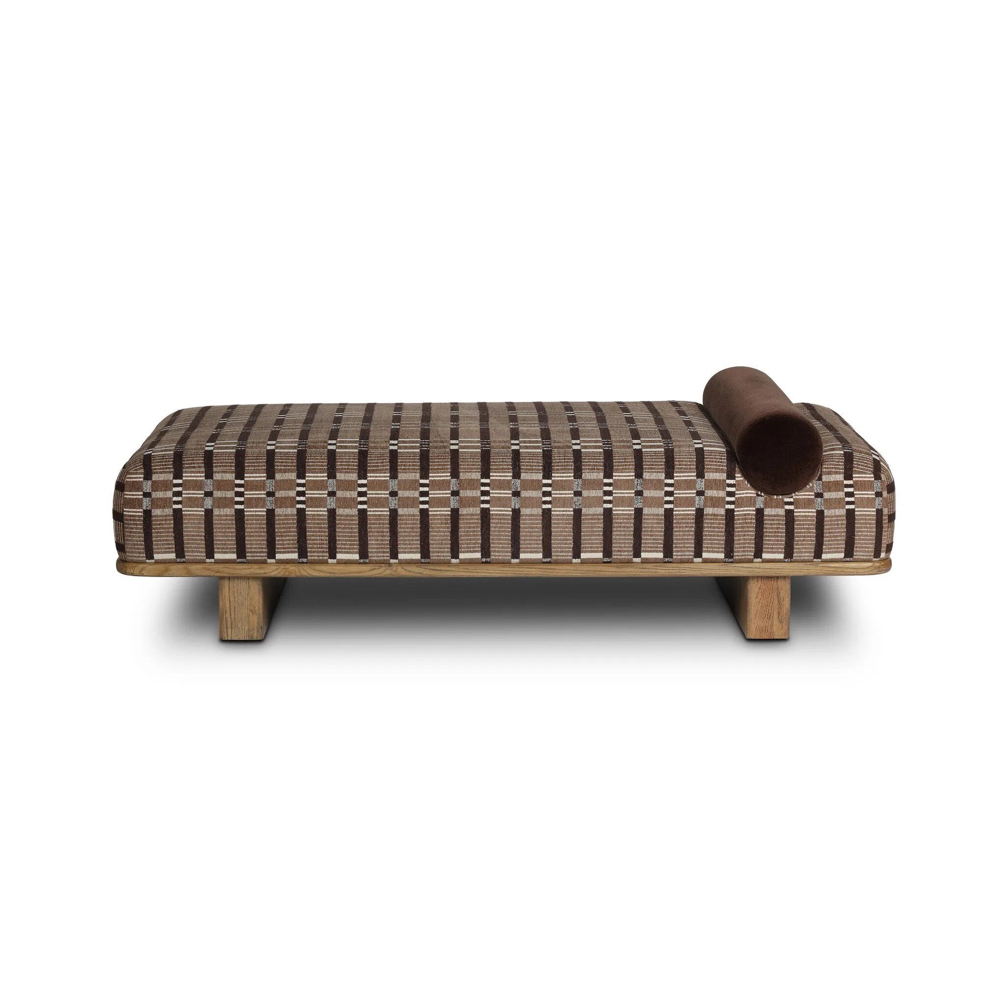 Taking inspiration from vintage Swedish textiles, this chaise serves double duty as an inviting seat and a one-of-a-kind conversation starter. It's a play of geometry and texture, from the sturdy wood frame and bold silhouette to the rich mix of upholstery and cut-in bolster cushion. Amethyst Home provides interior design, new home construction design consulting, vintage area rugs, and lighting in the Laguna Beach metro area.
