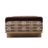 Taking inspiration from vintage Swedish textiles, this chaise serves double duty as an inviting seat and a one-of-a-kind conversation starter. It's a play of geometry and texture, from the sturdy wood frame and bold silhouette to the rich mix of upholstery and cut-in bolster cushion. Amethyst Home provides interior design, new home construction design consulting, vintage area rugs, and lighting in the San Diego metro area.