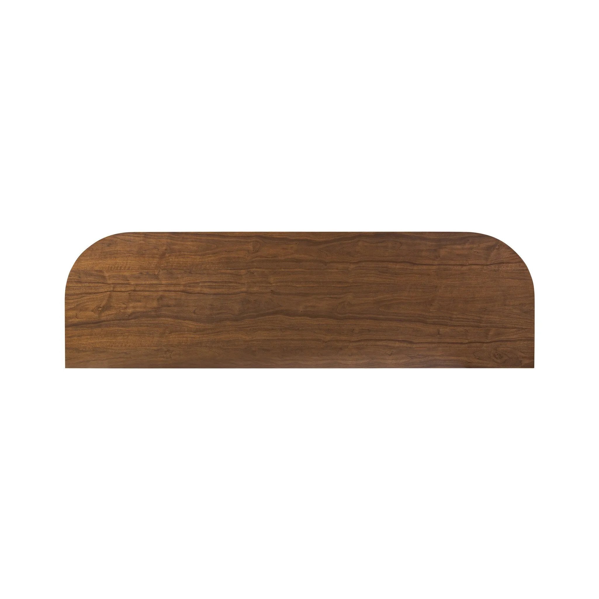 Dark brown walnut is aesthetically shaped with fluid, rounded corners on a ski leg base. The seamless design features six spacious drawers with metal bar hardware that runs along the tops of the drawers Amethyst Home provides interior design, new home construction design consulting, vintage area rugs, and lighting in the Charlotte metro area.