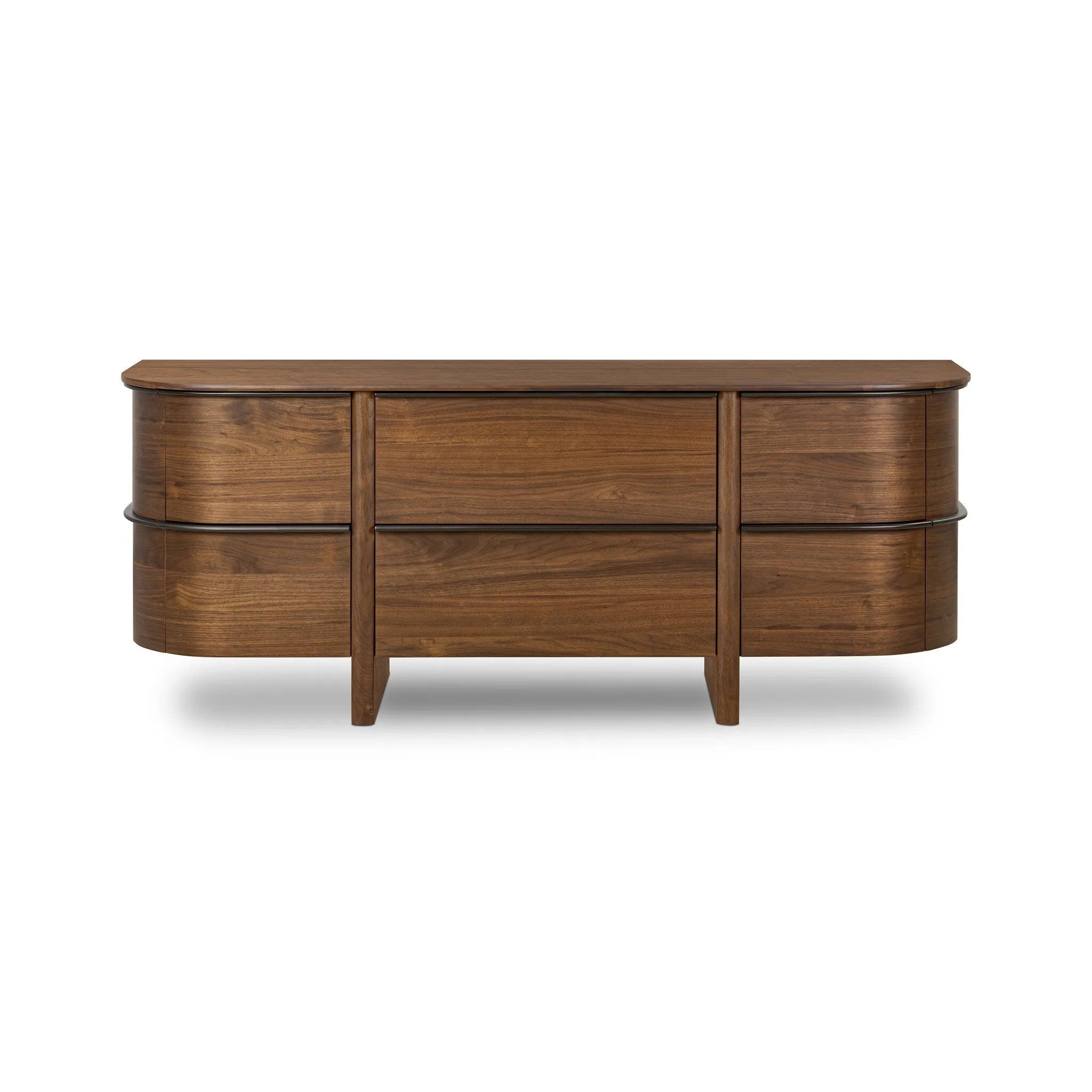 Dark brown walnut is aesthetically shaped with fluid, rounded corners on a ski leg base. The seamless design features six spacious drawers with metal bar hardware that runs along the tops of the drawers Amethyst Home provides interior design, new home construction design consulting, vintage area rugs, and lighting in the Scottsdale metro area.