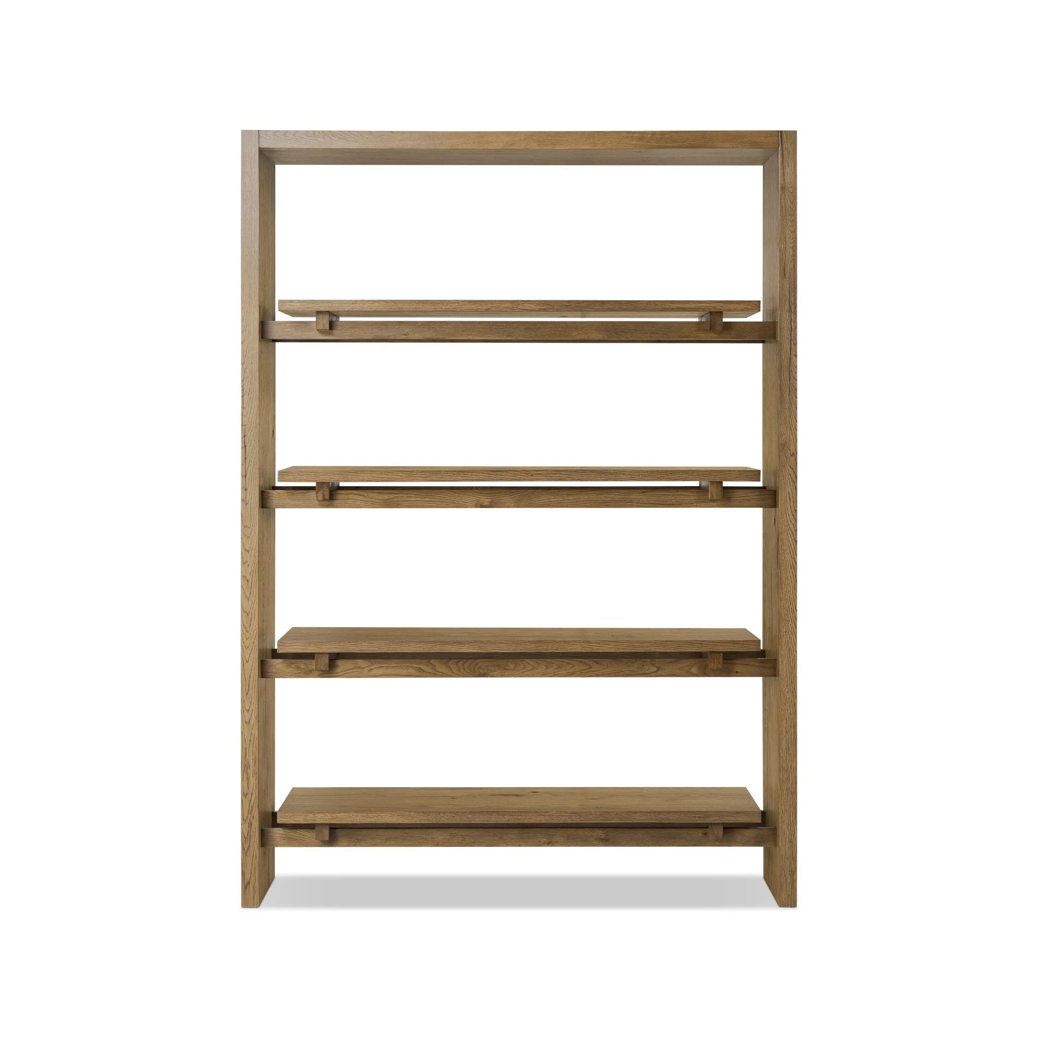 Featuring Theodore Rustic Amber Oak Veneer Bookcase by Four Hands at Amethyst Home. Wide and stately, with plenty of space for storage and display. A bookcase made from rustic amber-finished oak shapes a wide floating shelf design, with layered cross supports bringing an architectural feel to the office or living room.Overall Dimensions: 60.00"w x 18.00"d x 8. Amethyst Home provides interior design, new home construction design consulting, vintage area rugs, and lighting in the Seattle metro area.