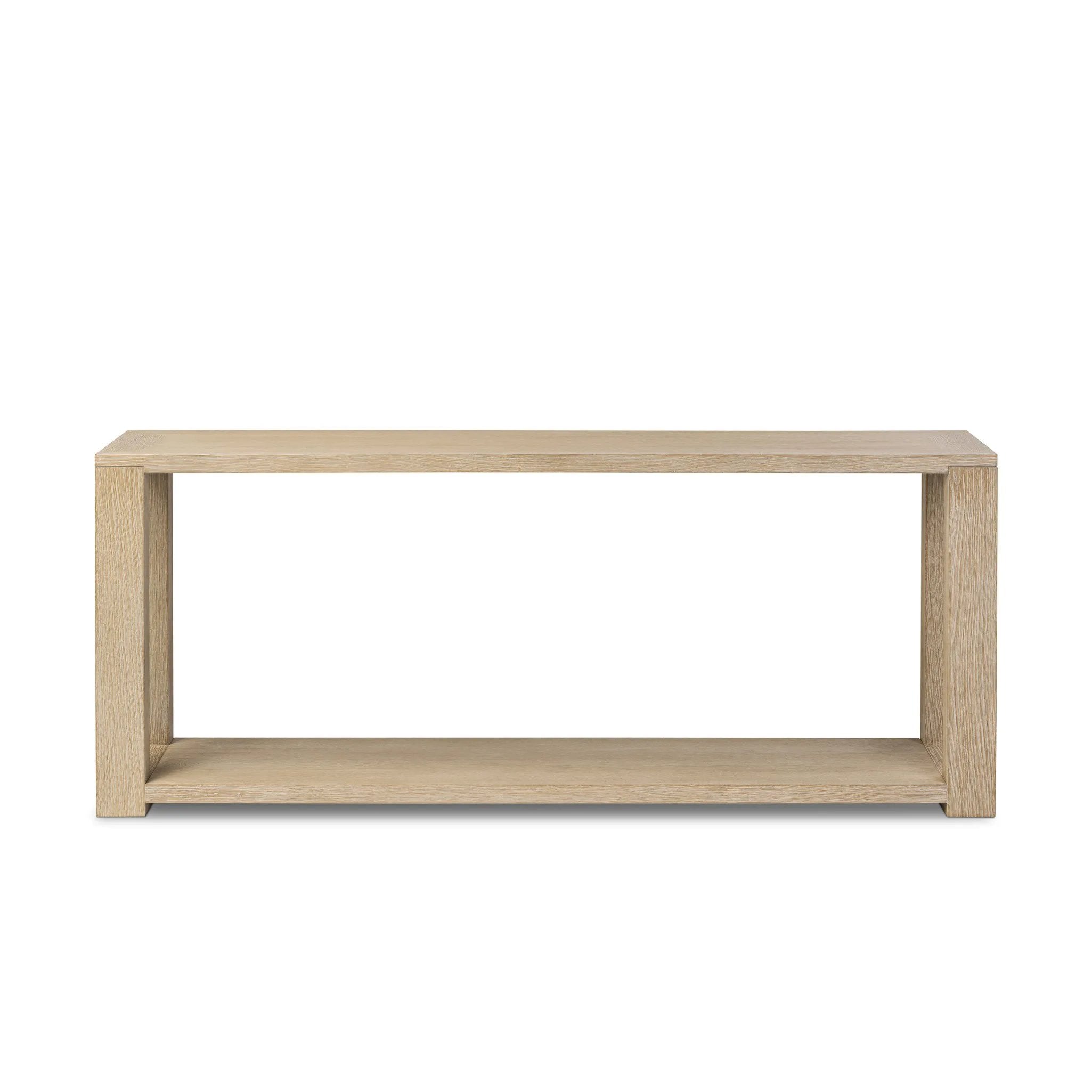 Made from bleached solid oak, a long, open-style console table brings a light, clean look to your living or media room. Lower shelving brings bonus storage and display of media, favorite books and more Amethyst Home provides interior design, new home construction design consulting, vintage area rugs, and lighting in the Boston metro area.