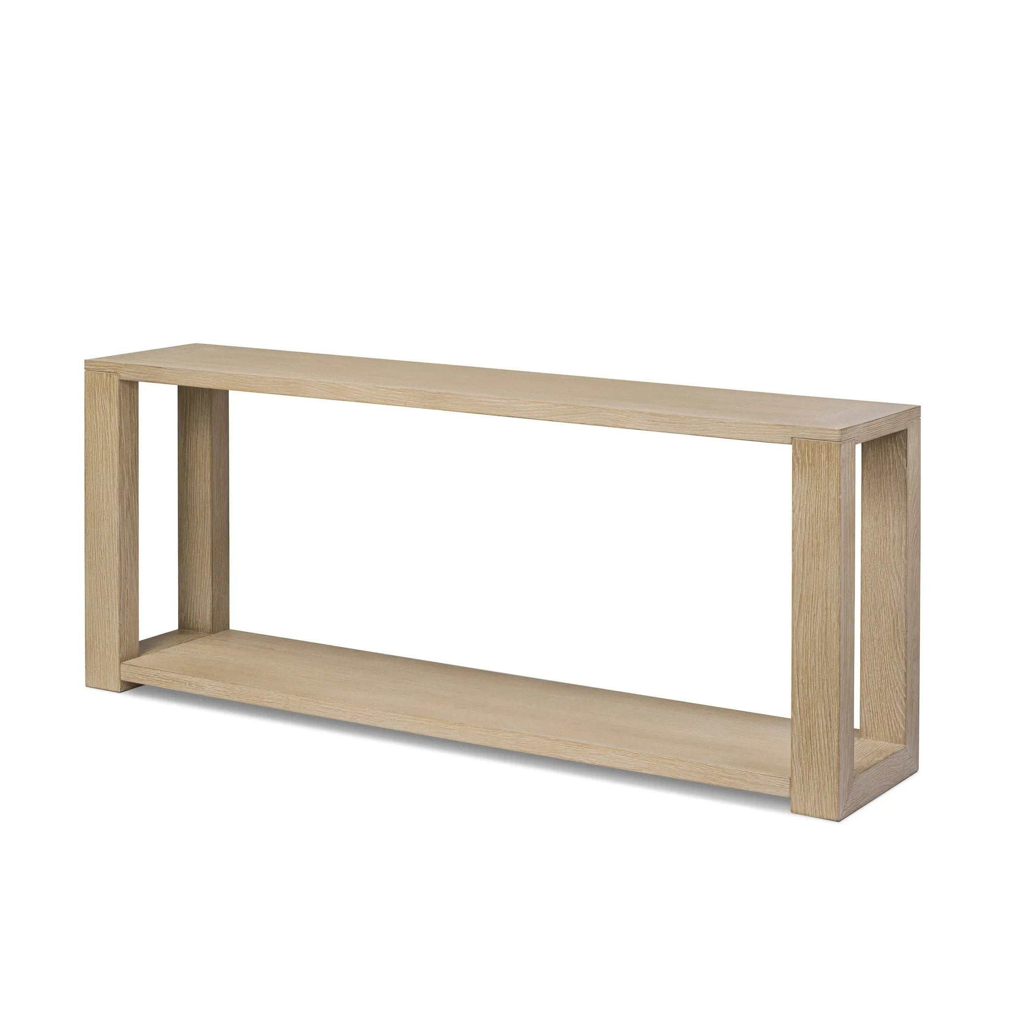 Made from bleached solid oak, a long, open-style console table brings a light, clean look to your living or media room. Lower shelving brings bonus storage and display of media, favorite books and more Amethyst Home provides interior design, new home construction design consulting, vintage area rugs, and lighting in the Winter Garden metro area.