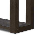 Made from oak veneer finished in a dark anthracite, a long, open-style console table brings a rich, clean look to your living or media room. Lower shelving brings bonus storage and display of media, favorite books and more Amethyst Home provides interior design, new home construction design consulting, vintage area rugs, and lighting in the Alpharetta metro area.